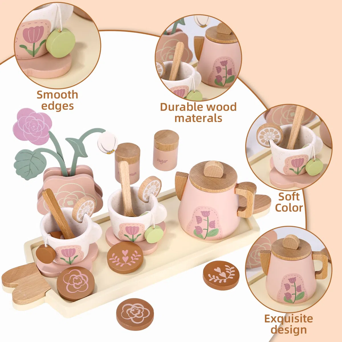 Set da Tè e Accessori Cucina in Legno per Bambini, Giochi Educativi, Servizio da Tè, Regalo per Ragazze e Ragazzi dai 3 Anni