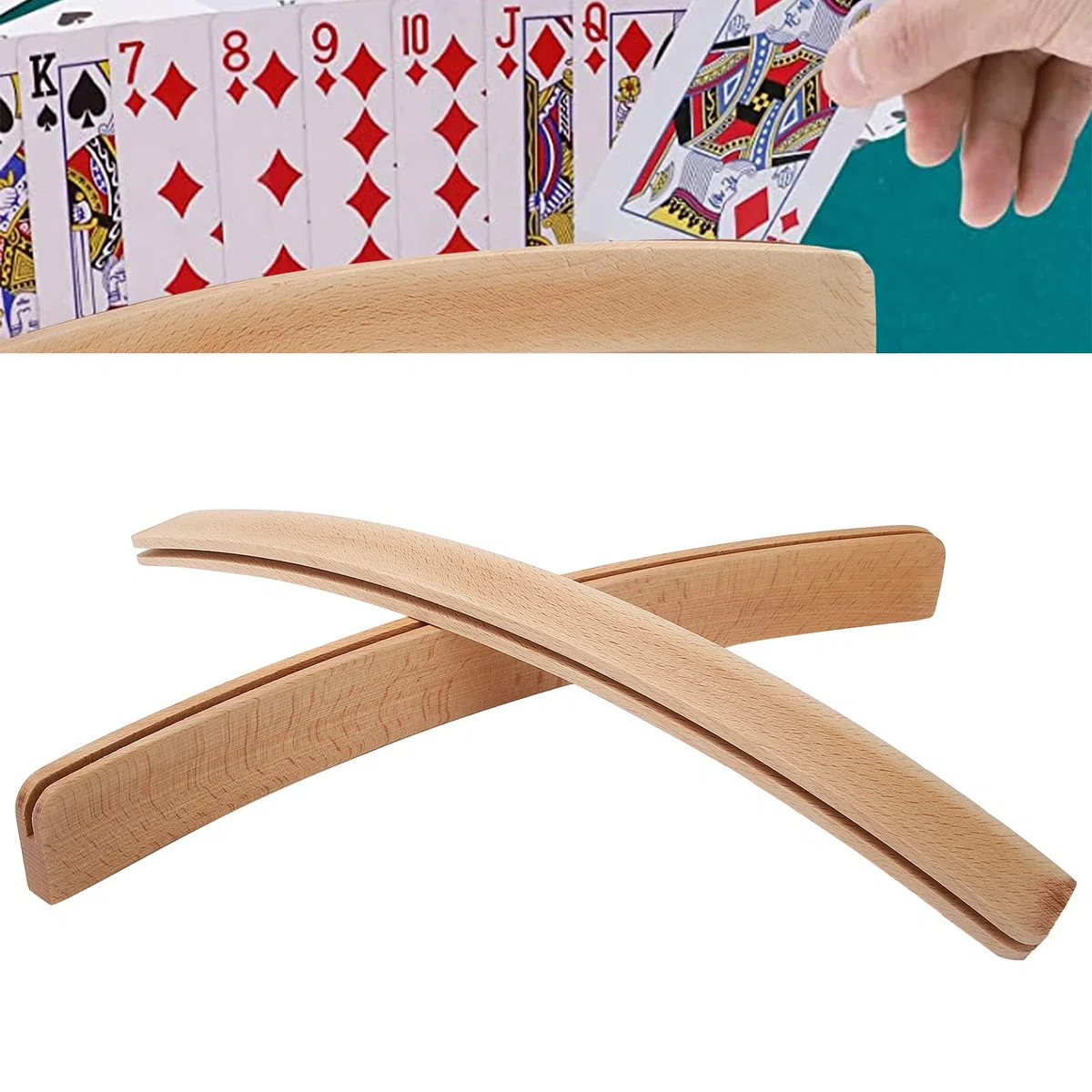 Fyearfly Supporto per carte da gioco curvo in legno, Supporto per mani libere in legno, porta carte da poker da 2 pezzi | da gioco per pinnacolo, poker, bambini, adulti, anziani, organizer per car