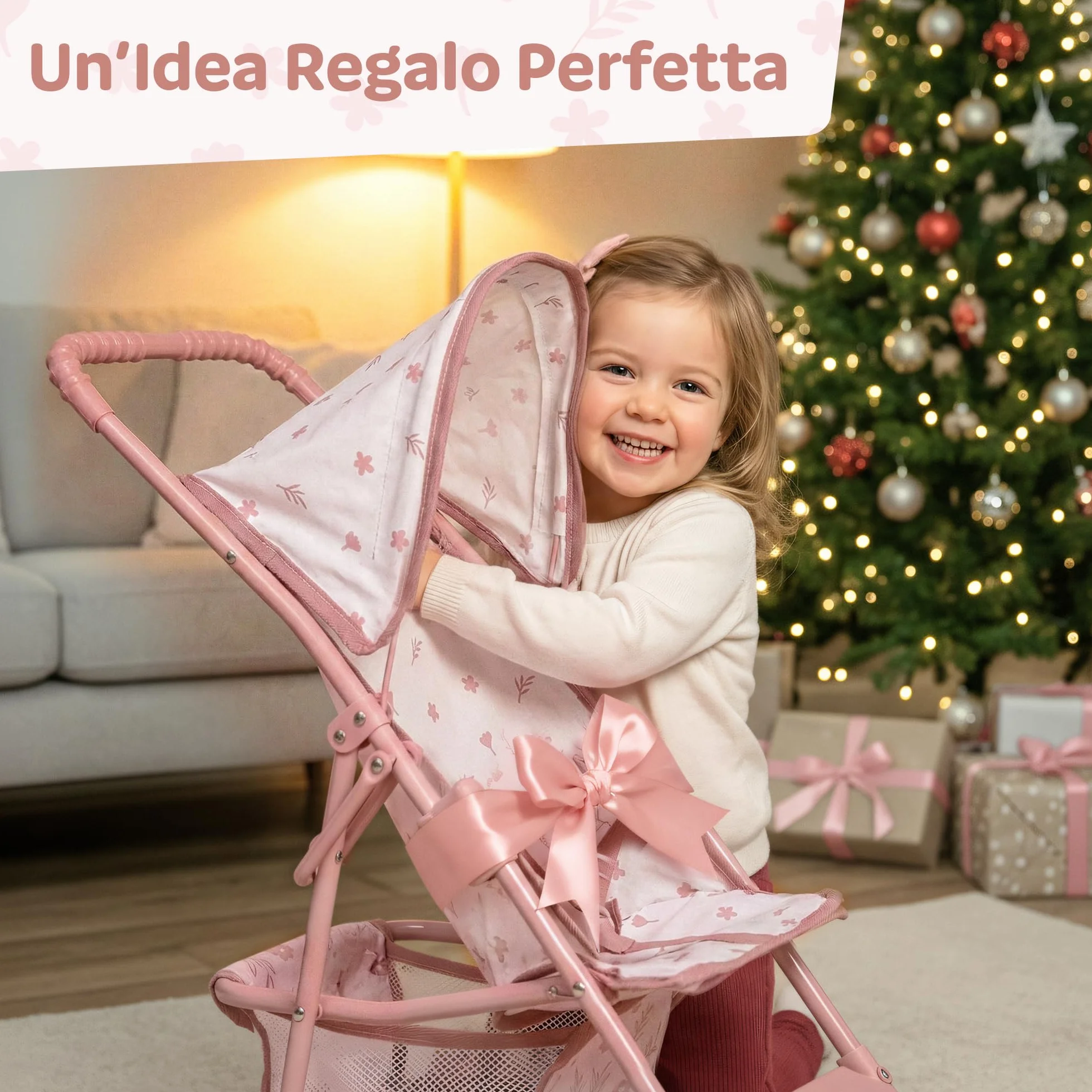 Kinderplay Passeggino per bambole dai 3 anni in su - Passeggino leggero e pieghevole, con ruote in EVA, cinghia e tettuccio, colore rosa