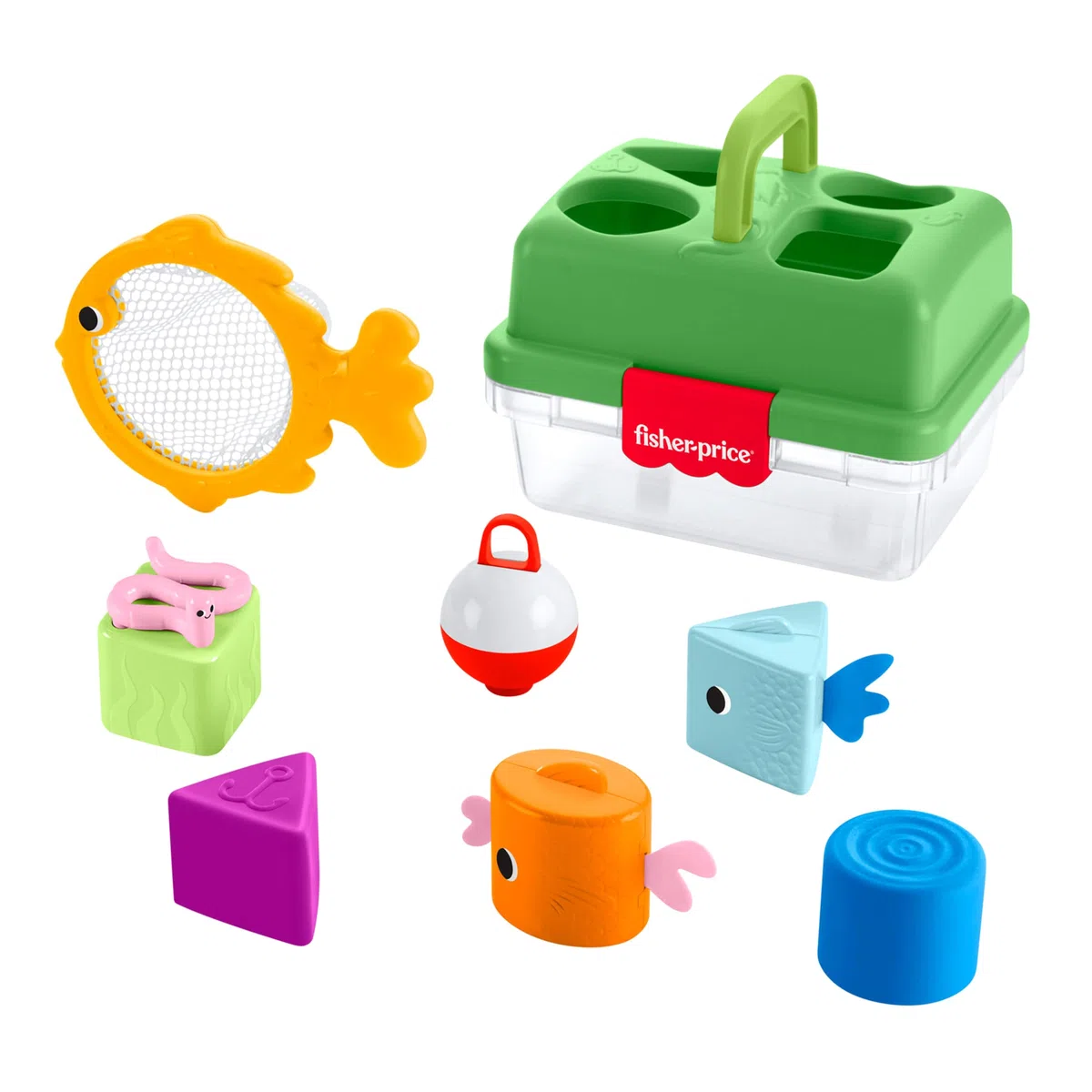 Fisher-Price - Cassetta Amici della Foresta, Set a Tema Pesca con retino e 6 Blocchi a Forma di Pesci, attività di Scelta per sviluppare la capacità di risoluzione dei Problemi, 6+ Mesi, JLB85