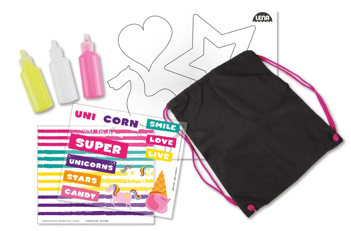 Lena 42607 - Set Fai da Te, Zaino con Unicorno, Set Completo con Zaino in Lino, Circa 35 x 42 cm, 3 matite in Tessuto, 3 Stencil e pellicole da Stirare, Stile alla Moda per Bambini a Partire dagli 8