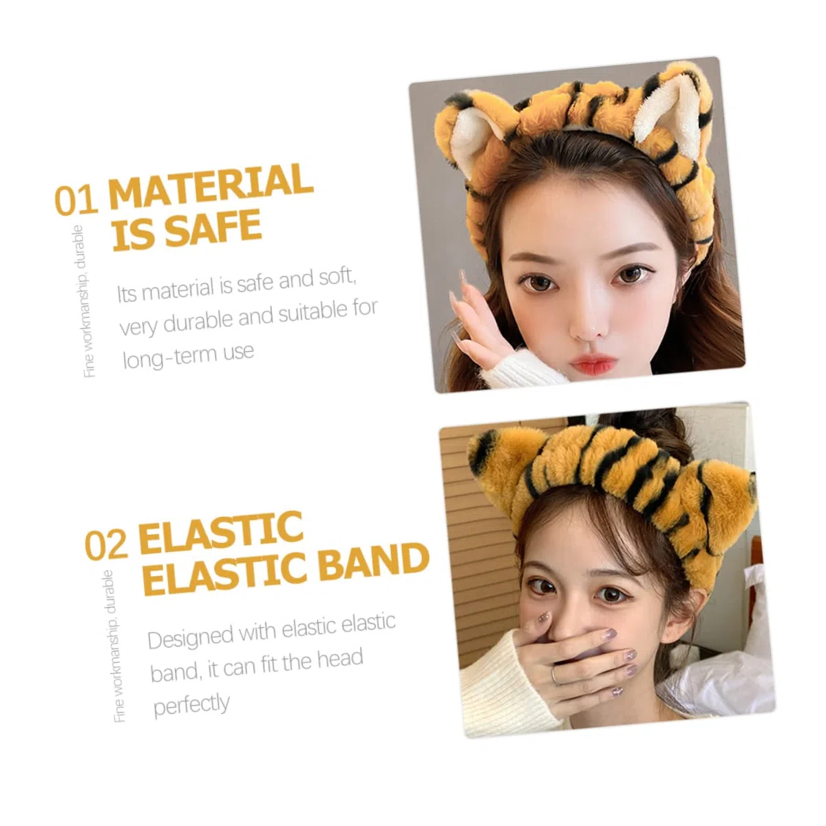 Healeved Fascia per Chioma da Donna in Peluche Orecchie di Tigre 2 Pezzi, Elastica e Larga, per Lavarsi Viso e Feste Cosplay