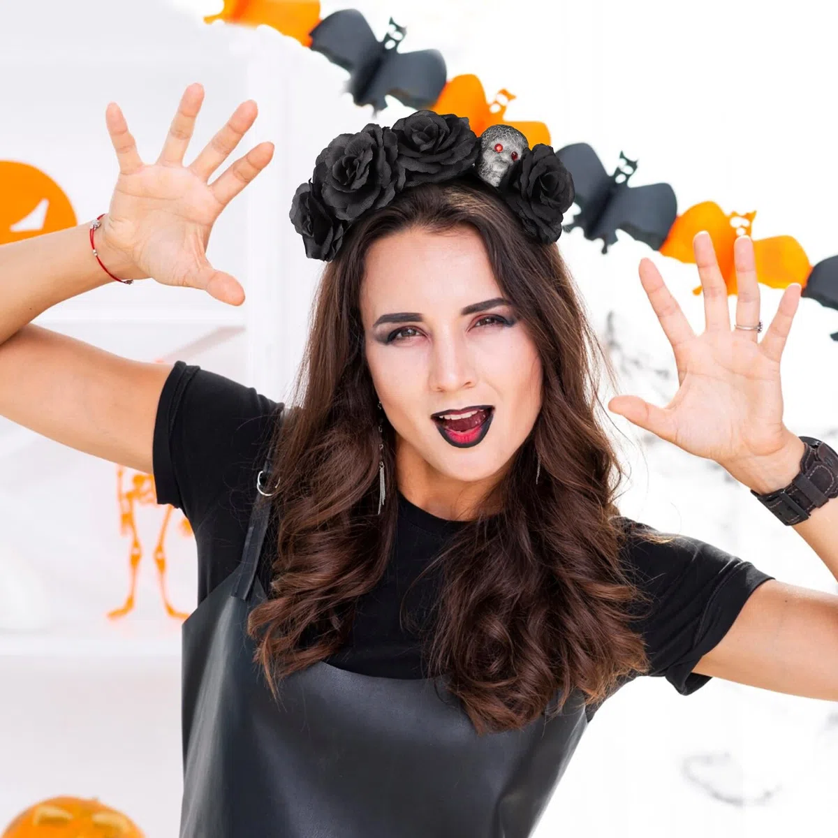 BETESSIN Cerchietto di Halloween Donna - Accessori per Capelli Rosa e Nero - Costume per Halloween, Carnevale, Cosplay, Dia de Los Muertos