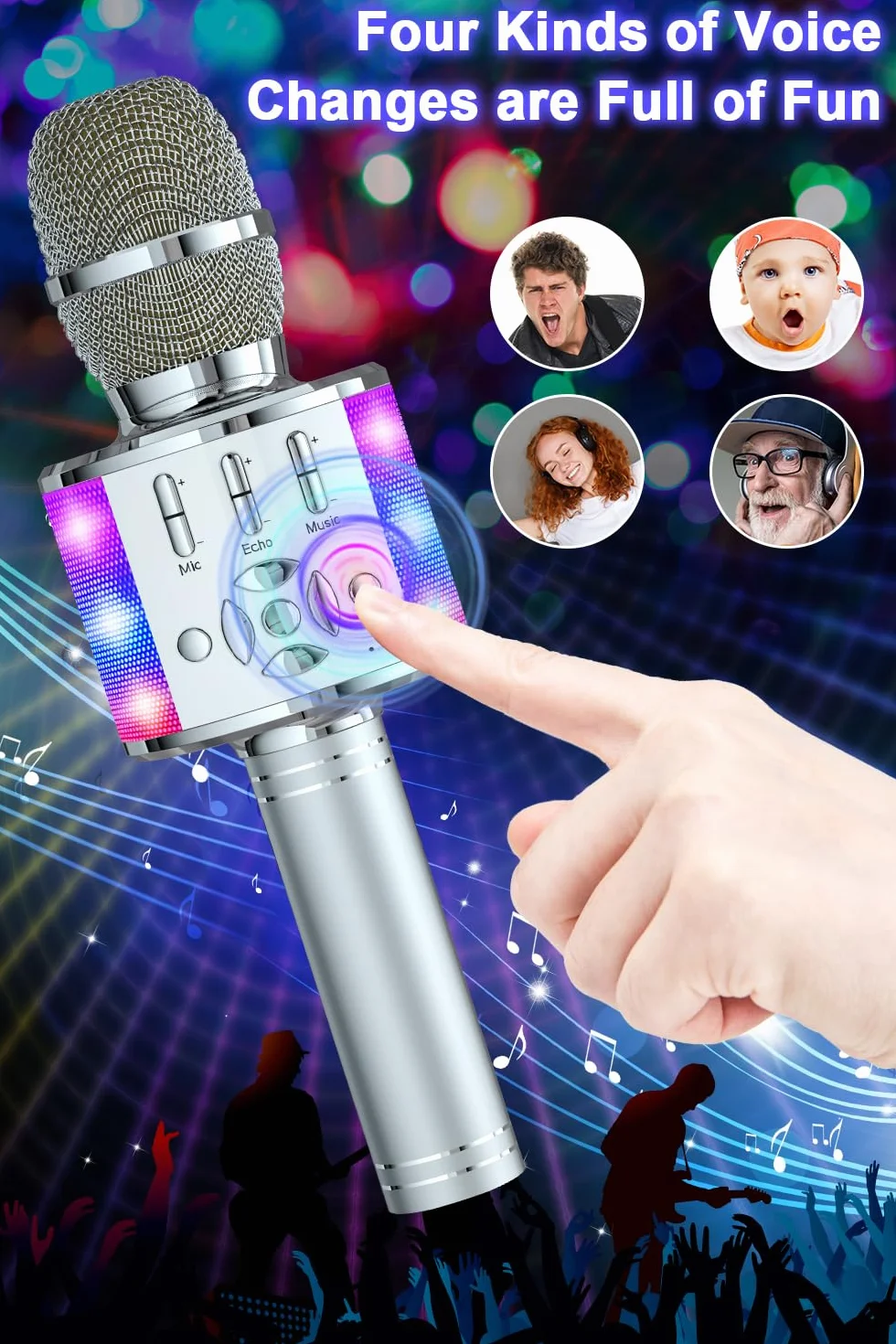 BONAOK Microfono Karaoke con Cambio Voce, Altoparlante LED per Adulti, Dispositivo Bluetooth per Casa KTV