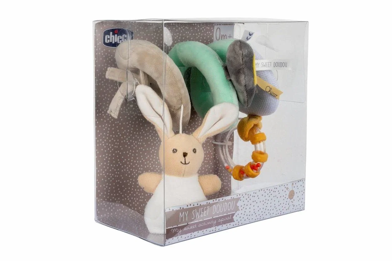Chicco - Gioco Fune Passeggio My Sweet Doudou, in Morbido Tessuto Velour e Tessuti Diversi, con 3 attività di Gioco, Agganciabile Facilmente a Passeggino e Carrozzina, Beige, età 0 Mesi+