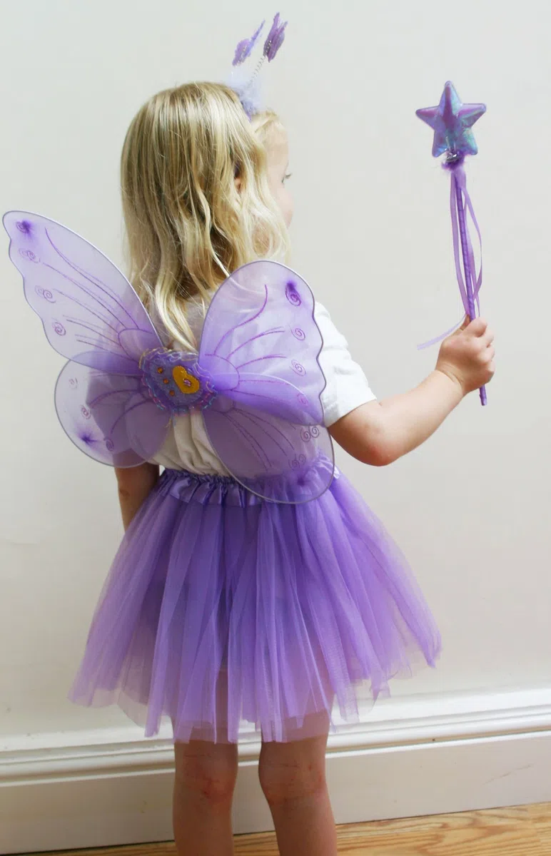 Fun Play costume da fata viola – Farfalla fata ali, tutù, bacchetta magica e fascia, per 3 – 8 anni viola