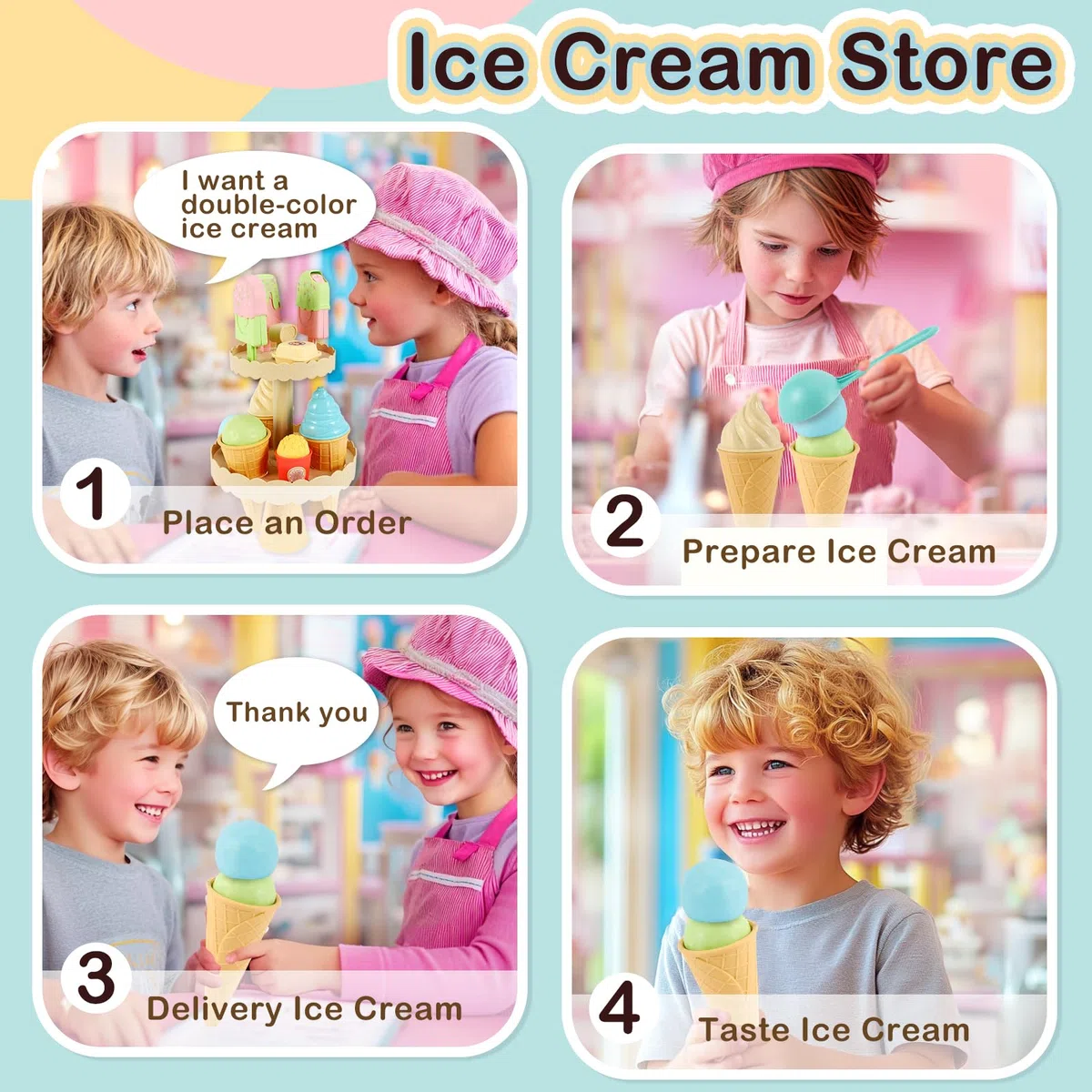AOLEVA Gelateria Giocattolo Set Gelato Accessori Cucina Bambini Gioco di Cibo Finto Giocattoli Giochi di Ruolo Regalo per 3 Anni