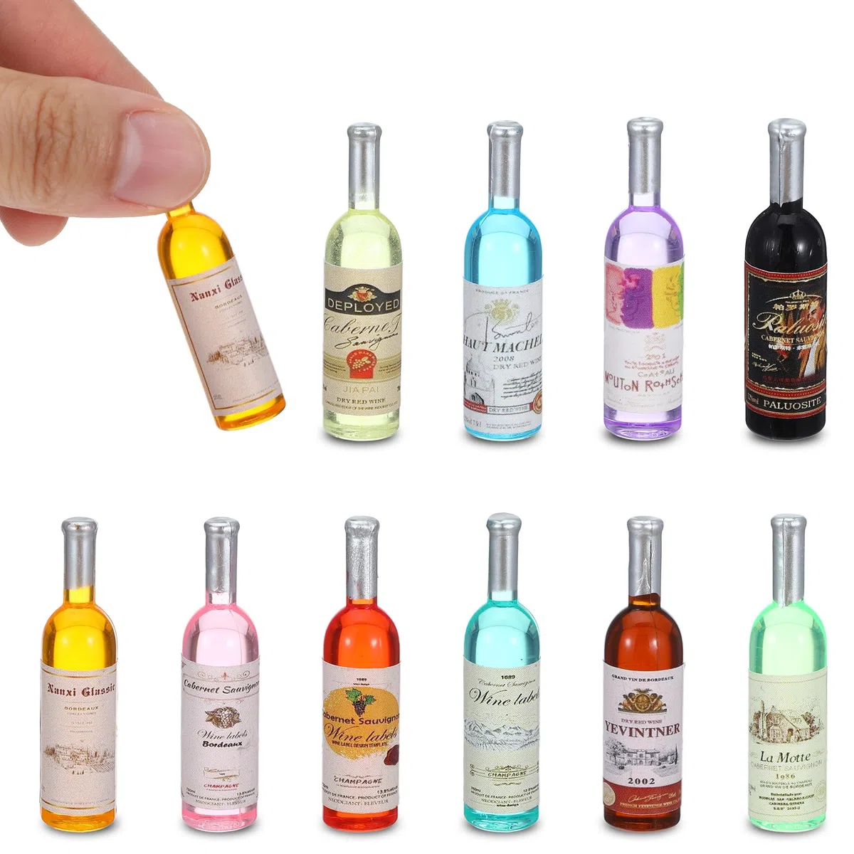 10 bottiglie di vino in miniatura in acrilico per la casa delle bambole, decorazione in miniatura della bottiglia di birra, accessorio in miniatura per portachiavi, casa delle bambole, fai da te