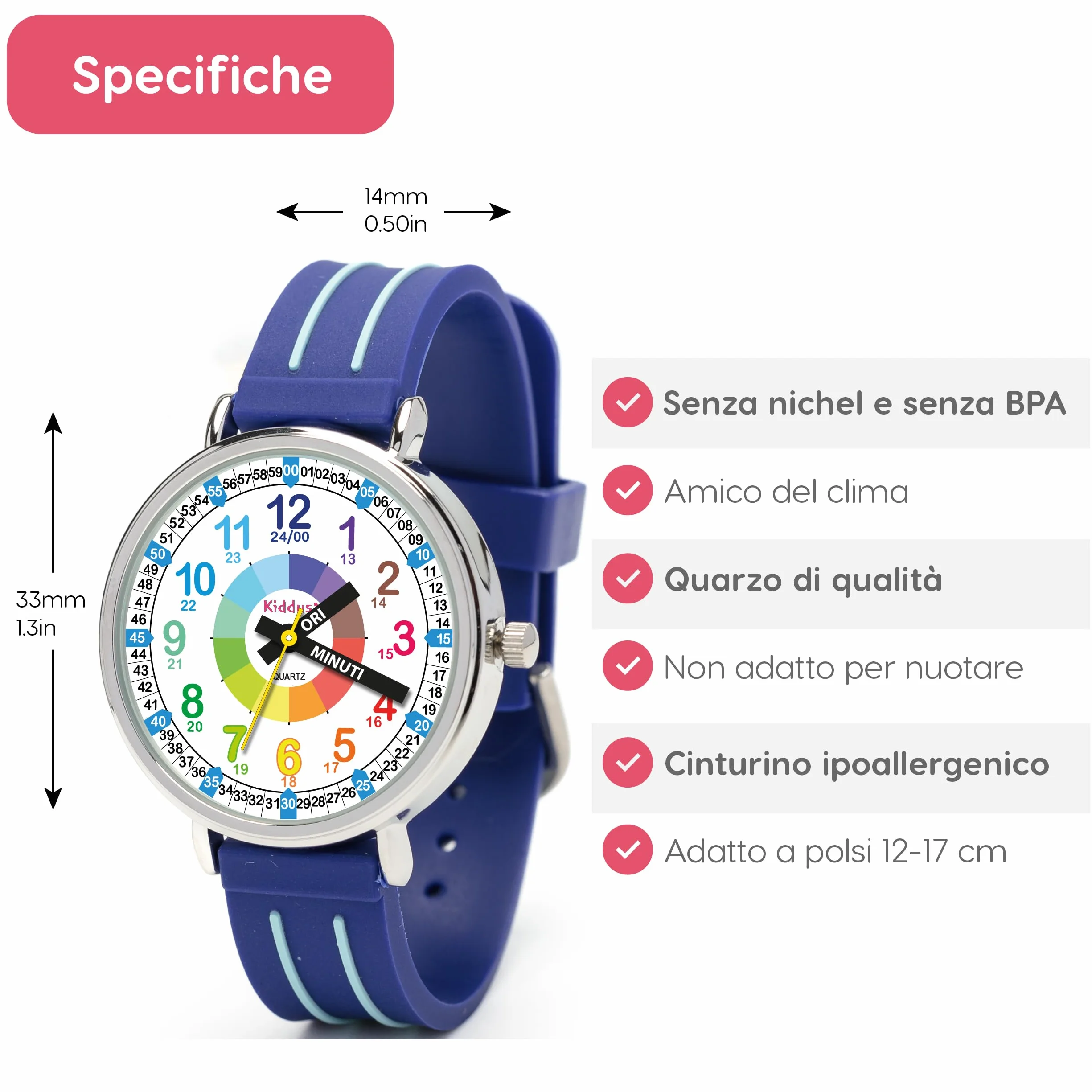 Kiddus Orologio Educativo per Bambino e Bambina dai 5 ai 10 Anni, Impermeabile 5ATM, Orologio Analogico Didattico per Imparare l'Ora, Movimento Giapponese