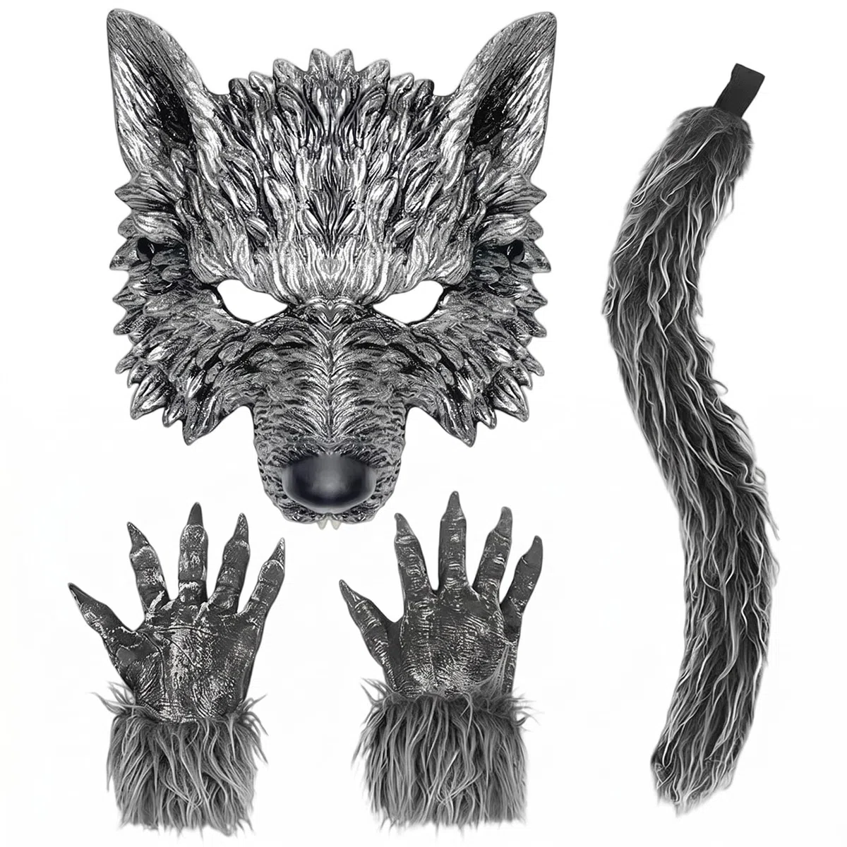Costume da lupo per cosplay, maschera di lupo con coda di volpe, guanti, costume di carnevale per feste di Halloween