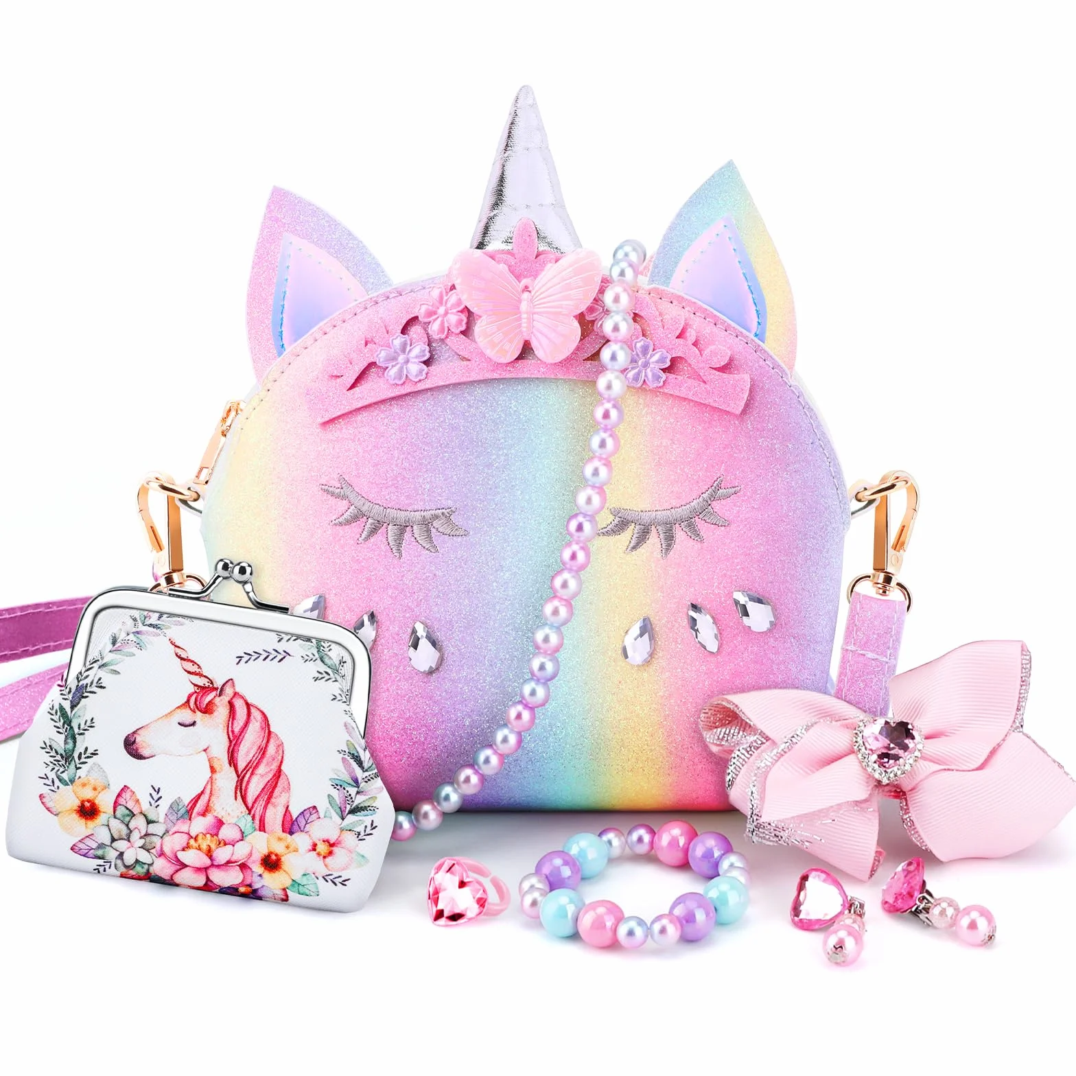 JYPS Unicorn Purse per Bambine, 7pcs Cute Kids Borsa Crossbody con Bambini Dress Up Jewelry Set Fingere Giocare Accessori, Regali di Compleanno Unicorno Regali Giocattolo per Ragazza