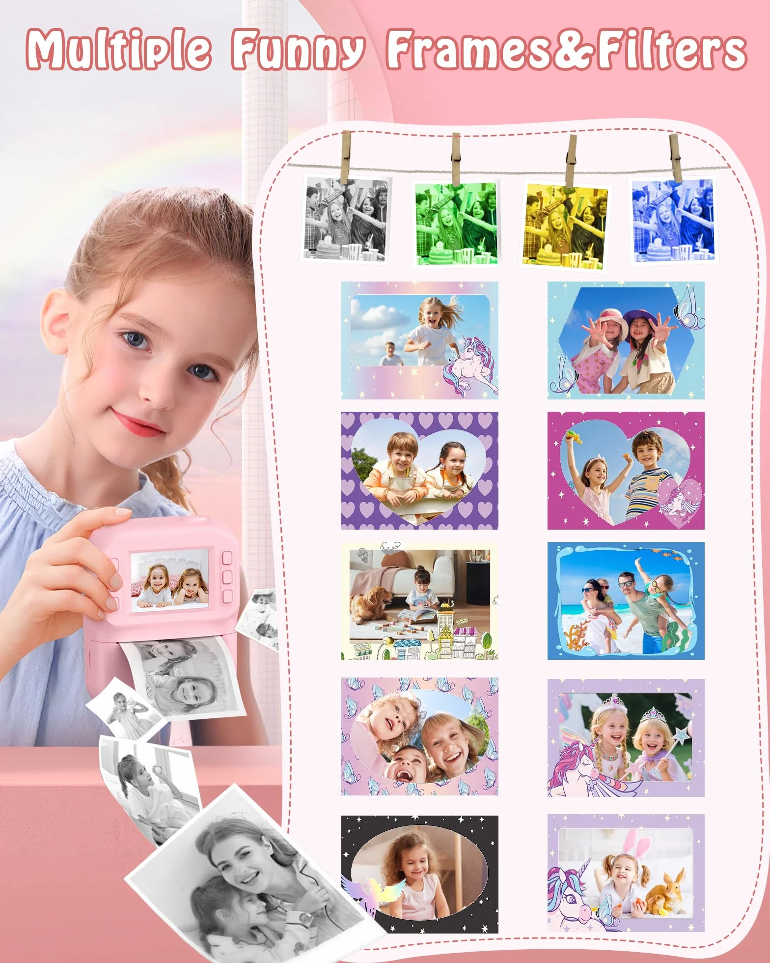 Macchina Fotografica Bambini, Schermo 2.4 HD Pollici e, Scheda da 32 GB e 3 Rotoli di Carta Fotografica, 1080P Macchina Fotografica Istantanea, Adatto Bambini dai 3 ai 12 Anni (Rosa)