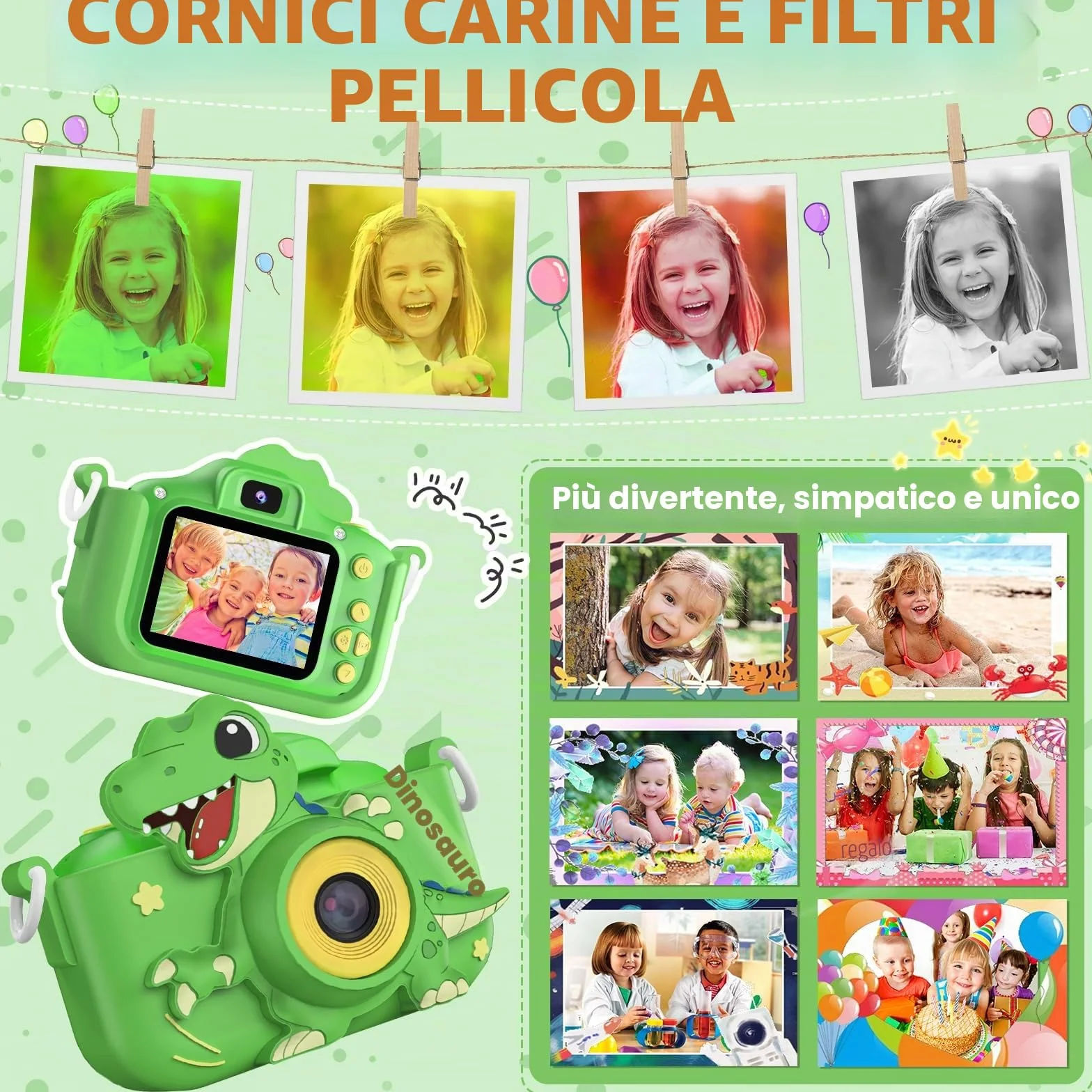 Macchina Fotografica Bambini 3-12 Anni, 48MP Digitale Fotocamera Bambini con Scheda 32 GB, Gioco Regali Natale & Compleanno per Bambino Bambina 3 4 5 6 7 8 9 10 Anni, Cappuccio di Dinosauro (Verde)