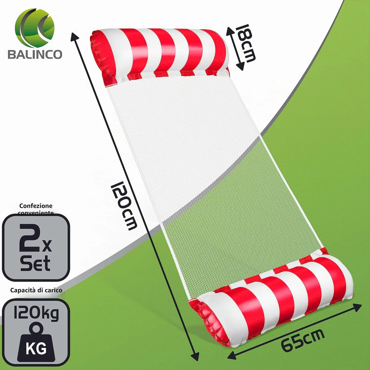 Balinco – Amaca gonfiabile ad acqua con 2 camere d'aria e rete in nylon per piscina – Materasso ad acqua per relax per adulti e bambini – Accessorio estivo per piscina (Verde/Bianco + Rosso/Bianco)