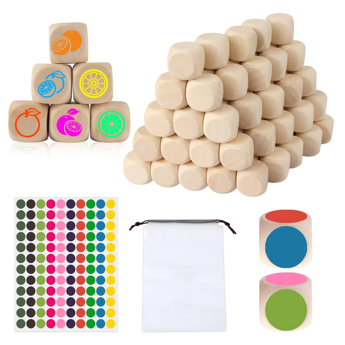 80 Pezzi Dadi di Legno Vuoti, 20mm Setaccio di Legno Non Verniciato con Drawstring Sacchetto e Colore Dot Sticker, Dadi Da Gioco Cubi, Cubetti per Fai da te e Artigianato