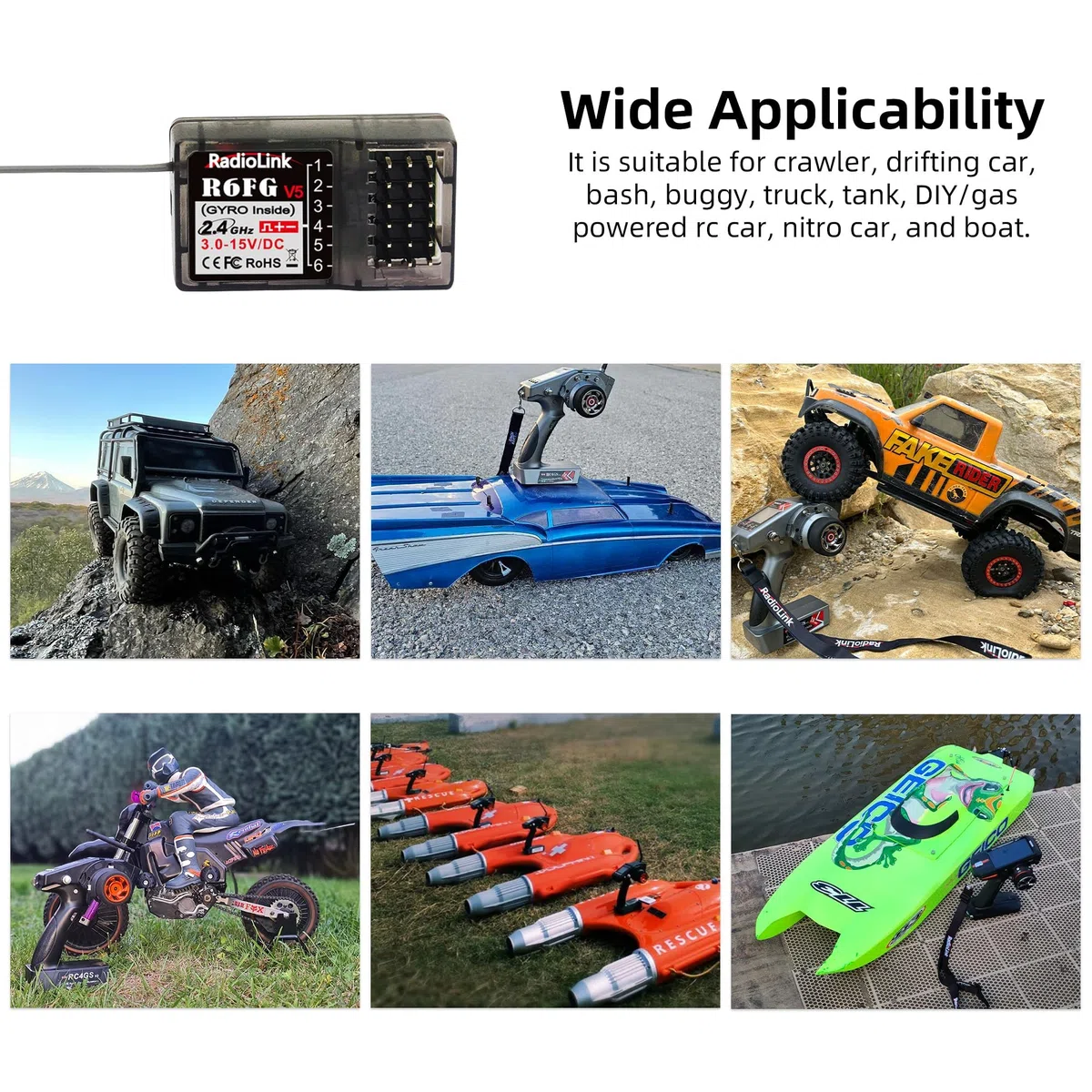 Radiolink Ricevitore R6FG RC 2.4 Ghz giroscopio integrato 6 canali ampia portata fino a 400 m per auto barche compatibile con RC6GS V3/RC4GS V3/T8FB/T8S/RC8X/T16D/T12D