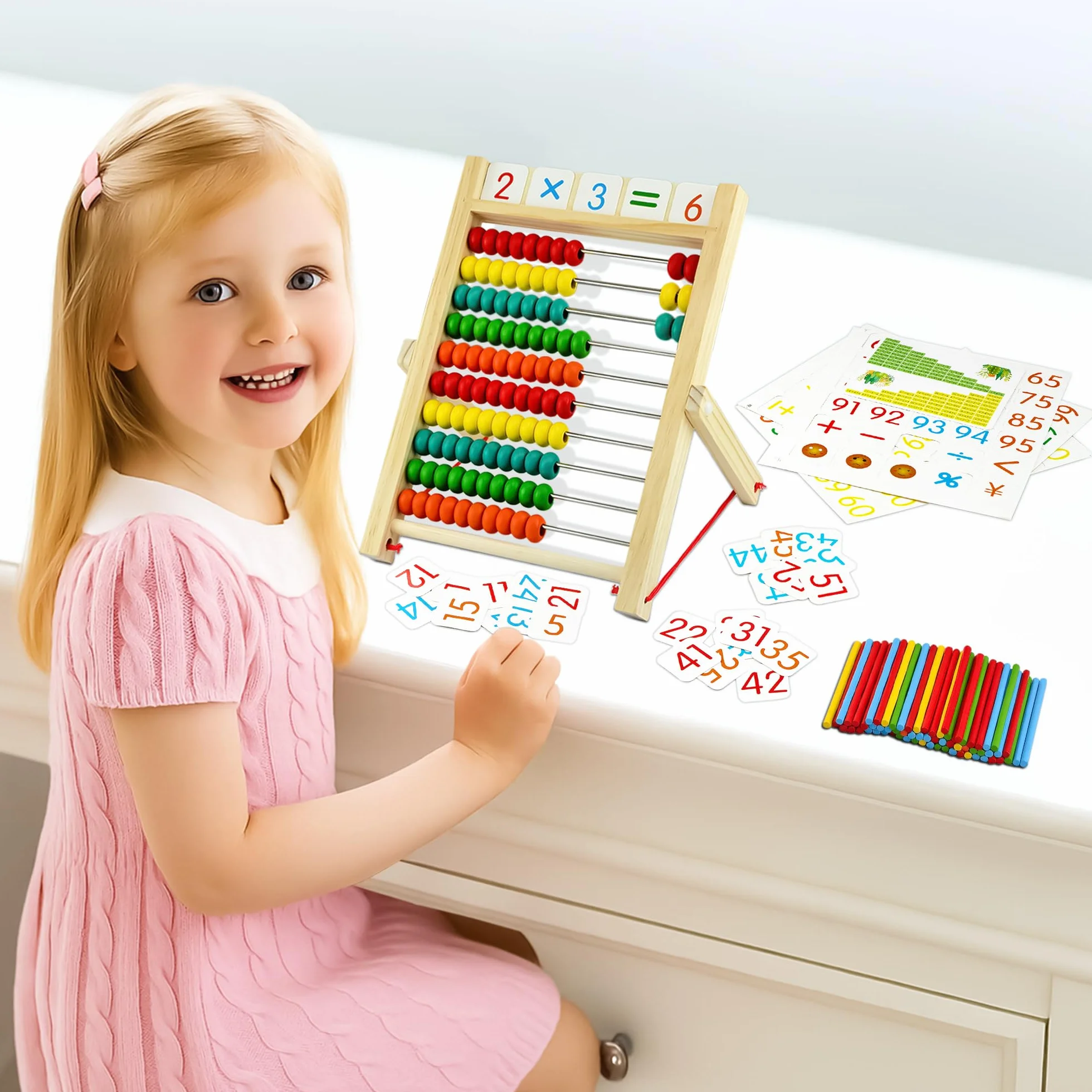 Abaco di Legno per Bambini, Giochi Montessori Abaco con 100 Bastoncini di conteggio e Carte con Lettere numeriche Giocattoli Educativi Giochi Abaco Regali per Ragazzi e Ragazze Oltre i 3 Anni