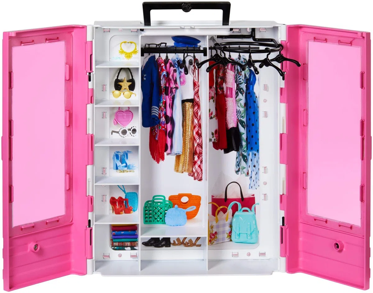 Barbie - Armadio da Sogno Fashionistas, armadio rosa trasportabile con tanti accessori trendy inclusi, sei appendini e tanto spazio per riporre i vestiti, giocattolo per bambini, 3+ anni, GBK11