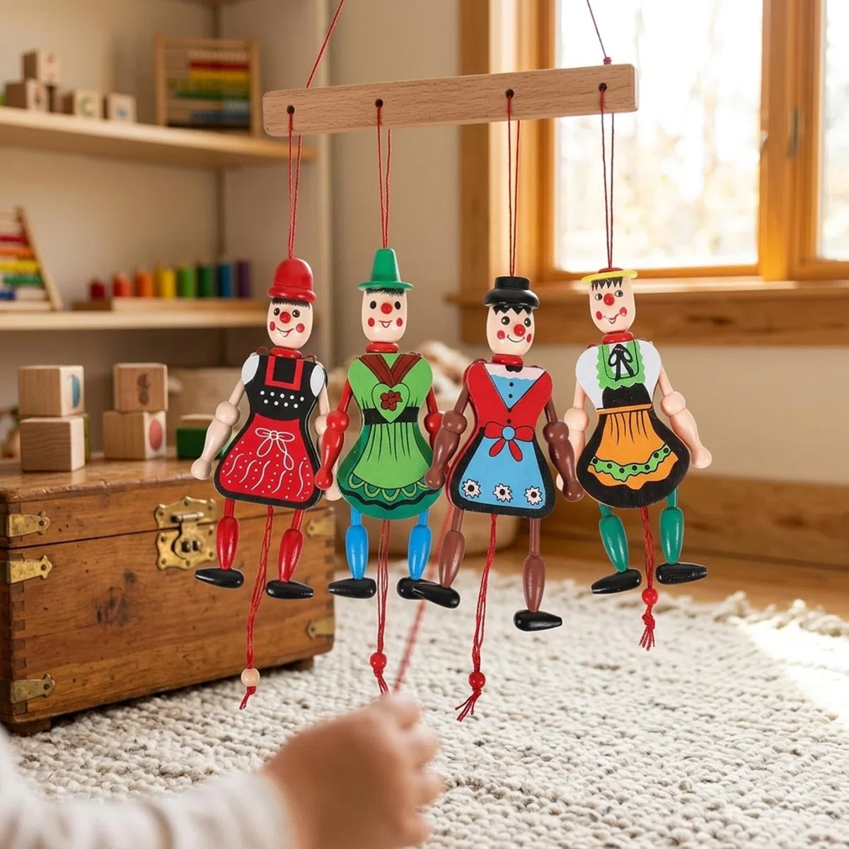 Confezione da 4 Marionette Marionette, in Legno Colorato per Bambini con Arti Mobili, Bambole in Legno Fatte a Mano per Giochi Fantasiosi, Decorazioni per Interni