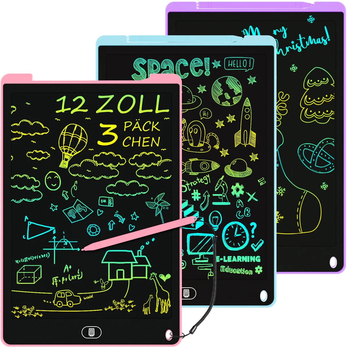 3 lavagne LCD da scrivania per bambini da 12 pollici, lavagnetta da pittura riutilizzabile, per bambini con pulsante di cancellazione, giocattoli per ufficio, scuola, casa (rosa + blu +