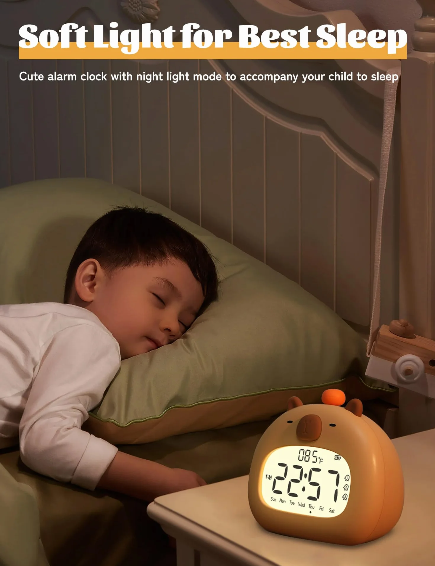IHALO Capibara Sveglia Bambini, Comodino con Luce Notturna, Display Digitale LED 3,15 Pollici, Tre Allarme, Modalità Weekend, Data, Ora, Temperatura, Ricaricabile, Decorazione Cameretta per Bebè