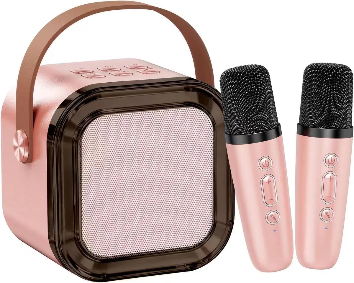 Macchina Karaoke Bambini con 2 Microfoni Senza Fili HiFi Microfono Karaoke Bluetooth Mini Portatile Microfono Karaoke con Cambiatore di Voce Magico e Luci LED, Regalo Giocattolo per Ragazzi 3-12 Anni