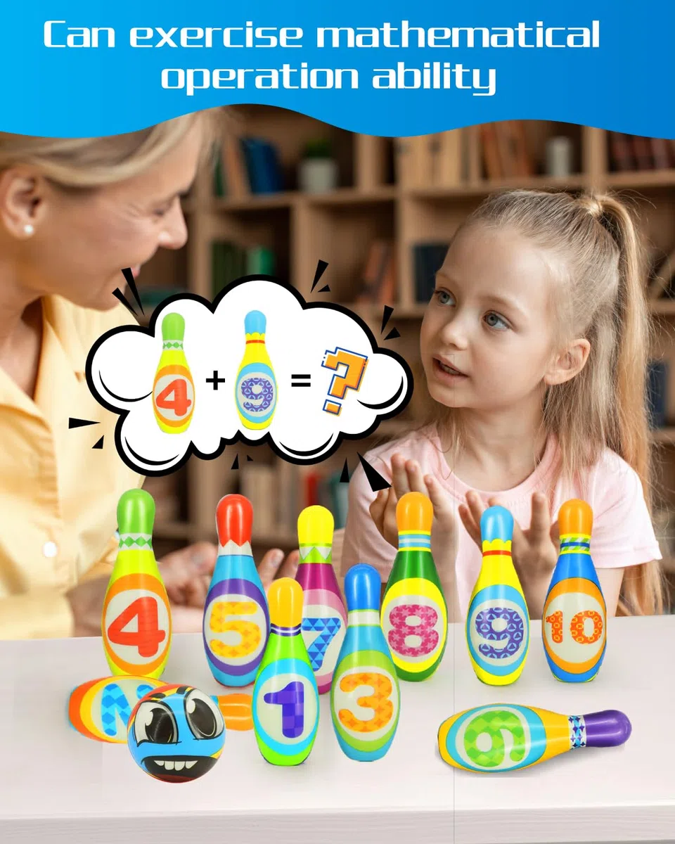 Bowling Set Bambini, Giochi Bambini 3 4 5 Anni, Bowling Set Bambini con 10 Birilli 5 Anelli e 2 Palle, Giochi da Giardino per Bambini Giochi Montessori