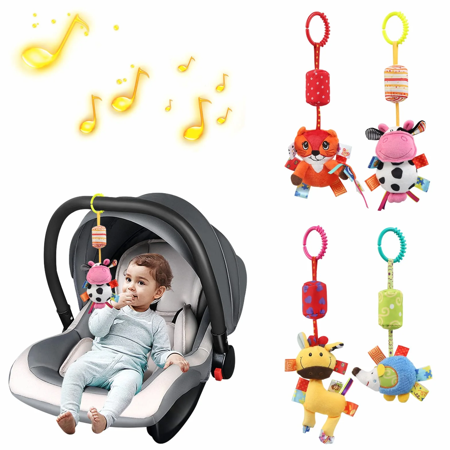 JoyLife Giocattolo da Appendere per Passeggino, 4 pezzi Sonagli Morbidi Peluche Sviluppo precoce Passeggino Giocattoli, Passeggino Carrozzina Giocattolo Appeso Sonagli con campanellini a Vento