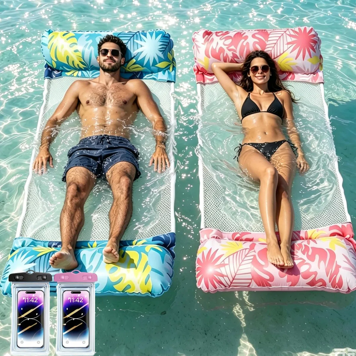 Materassino Mare XL,4 in 1 Amaca Galleggiante,Amaca Gonfiabile da Mare Portatile con 2 Custodia impermeabile per telefono,per Adulti Bambini Piscina Spiaggia,Accessori Piscine Estivi