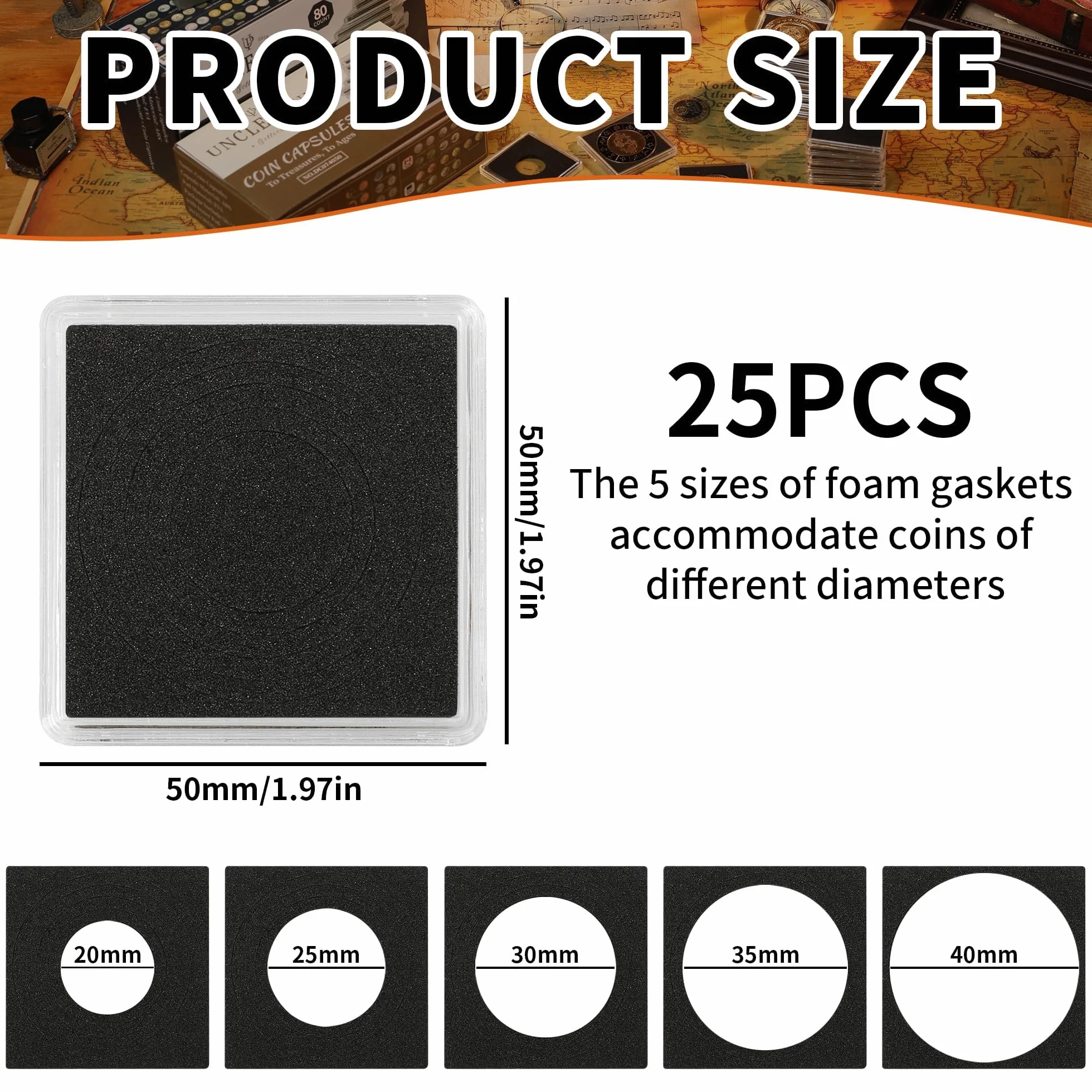 Uncle Paul 25 Capsule per Monete, Portamonete con Guarnizioni Nere di 5 Dimensioni 20/25/30/35/40mm, Portamonete Trasparenti per Forniture per la Raccolta di Monete Dollaro Argento Sterline Centesimi
