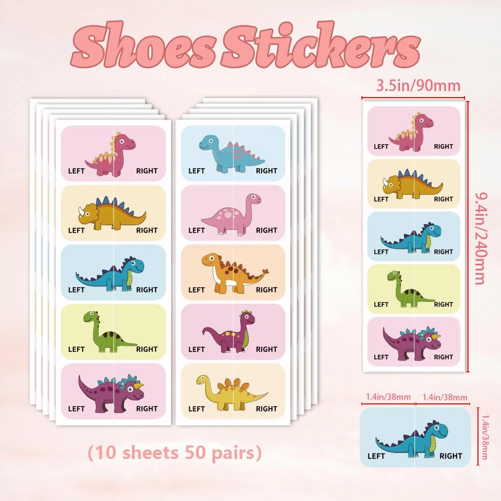 Peacoblue Adesivi per Scarpe per Imparare Sinistro e Destro, Dinosauri 1pz (5 Coppie) Adesivi Autoadesivi per Scarpe per Aiutare a Indossare le Scarpe