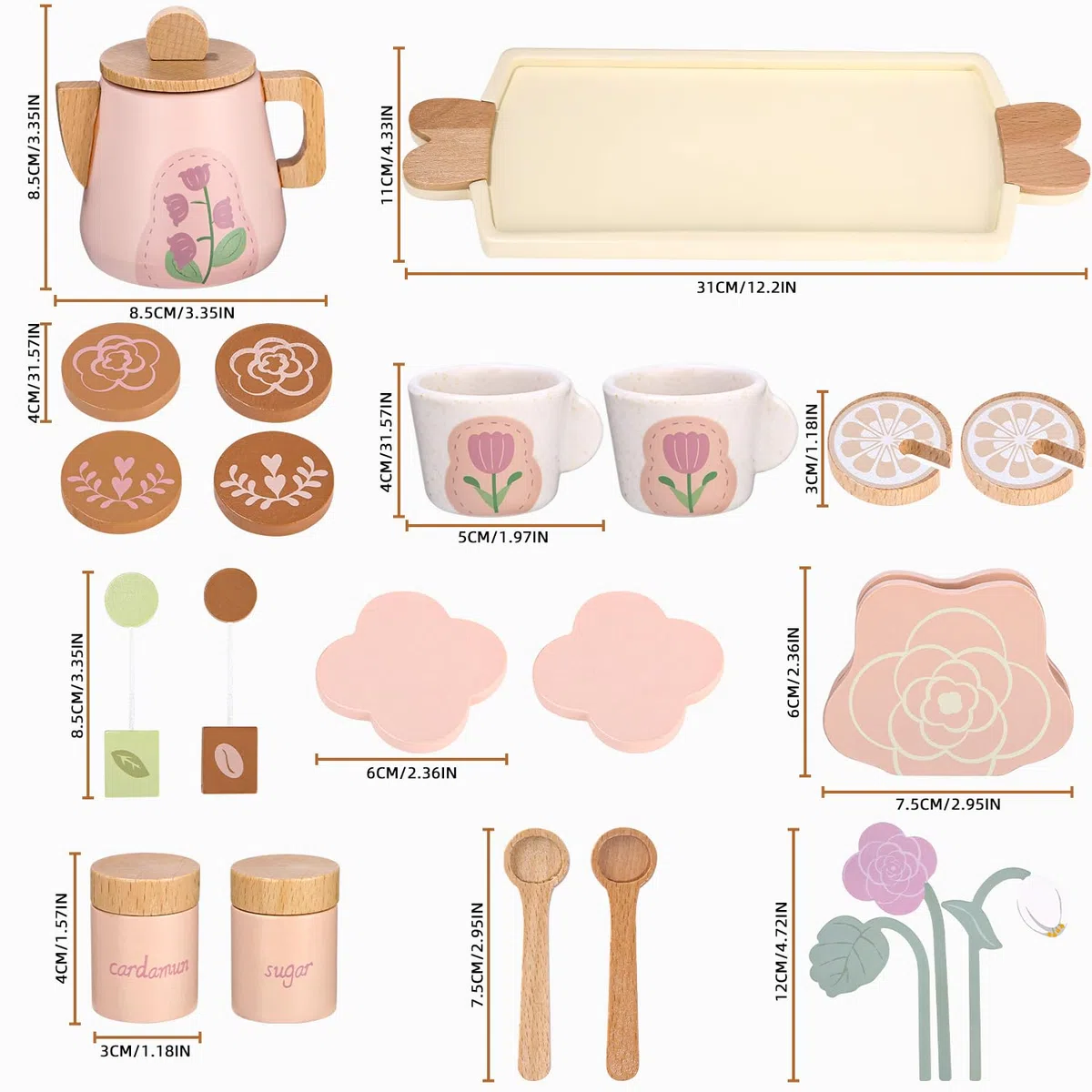 Set da Tè e Accessori Cucina in Legno per Bambini, Giochi Educativi, Servizio da Tè, Regalo per Ragazze e Ragazzi dai 3 Anni