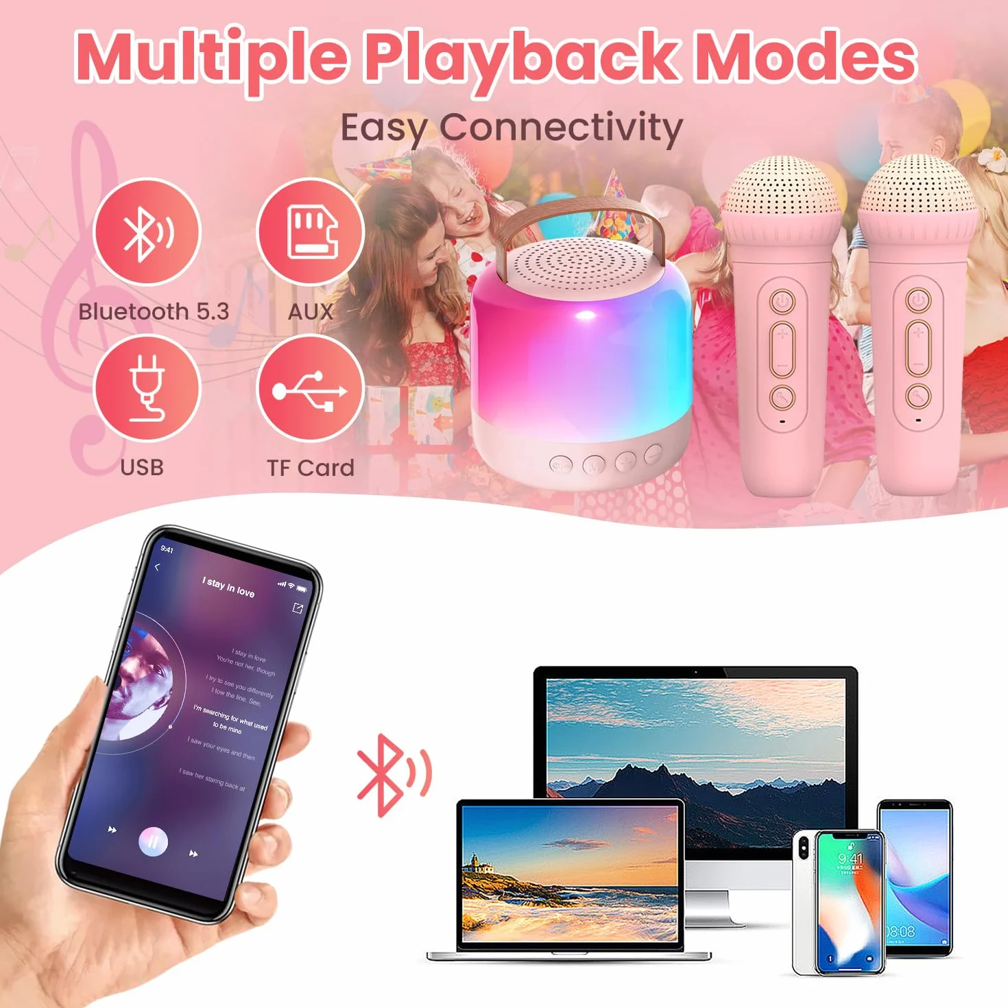 AIUNAOM Macchina per Karaoke con 2 Microfoni Senza Fili per Bambini, Cassa Bluetooth Portatile con LED ed Effetti Sonori - Regalo di Natale Ideale per Ragazze 3-12 Anni