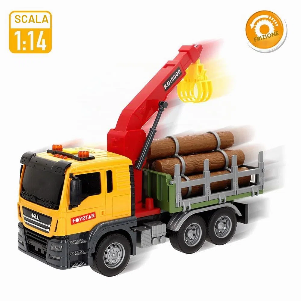 ColorBaby Speed & Go Camion di legno giocattolo con luci e suoni, braccio estensibile, attrito, interattivo, sistema di attrito, scala 1:14, auto per bambini a partire da 3 anni (39064)