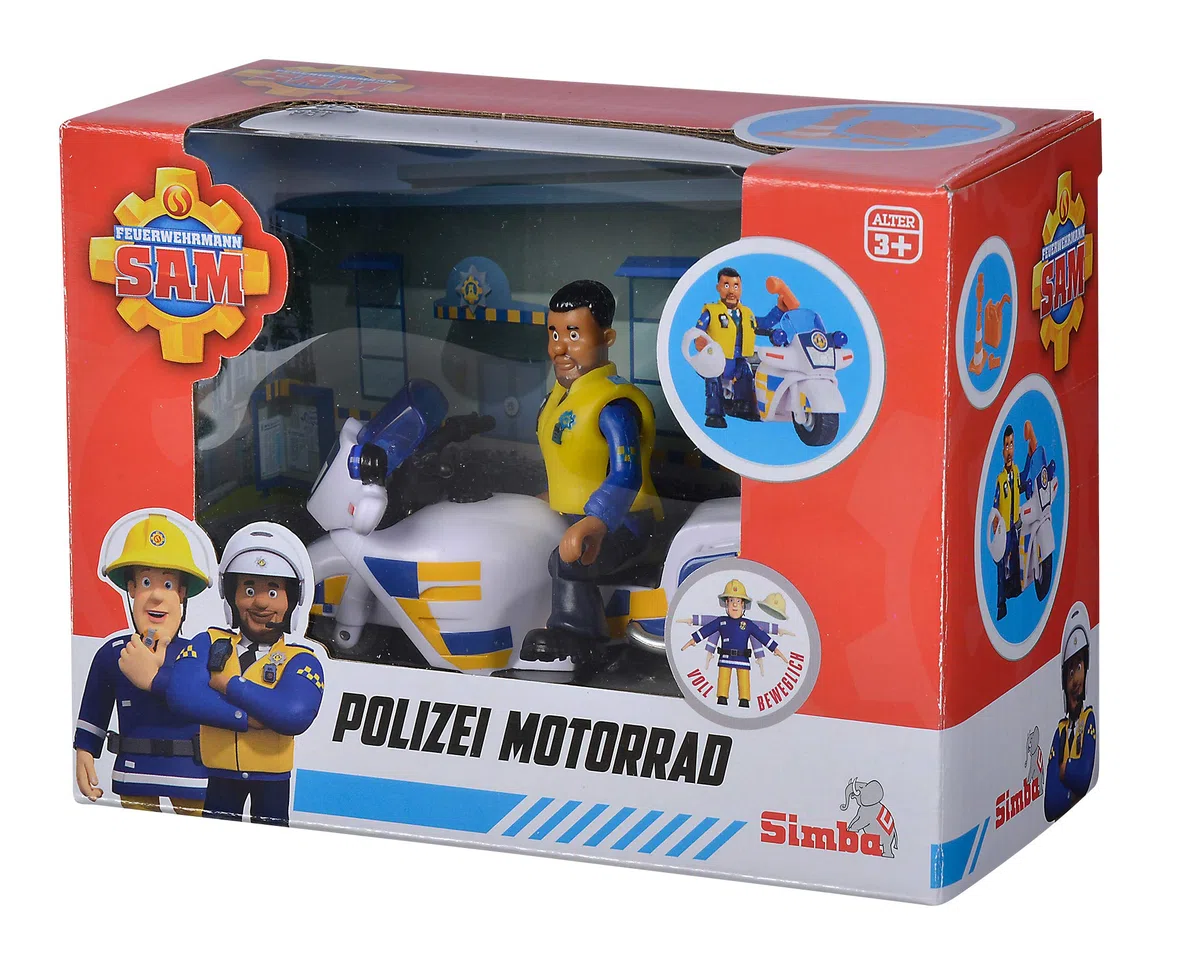 Simba - Sam Il Pompiere Moto Polizia, 109251092038, + 3 Anni, Incluso Personaggio Malcom e Accessori