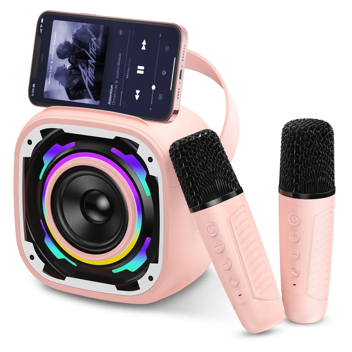 PKBD Mini Macchina Karaoke con 2 Microfoni per Bambini, Altoparlante Bluetooth Portatile con Supporto Telefono/Luci Dinamiche/Effetti Voce, Regalo per Ragazze e Ragazzi, Rosa