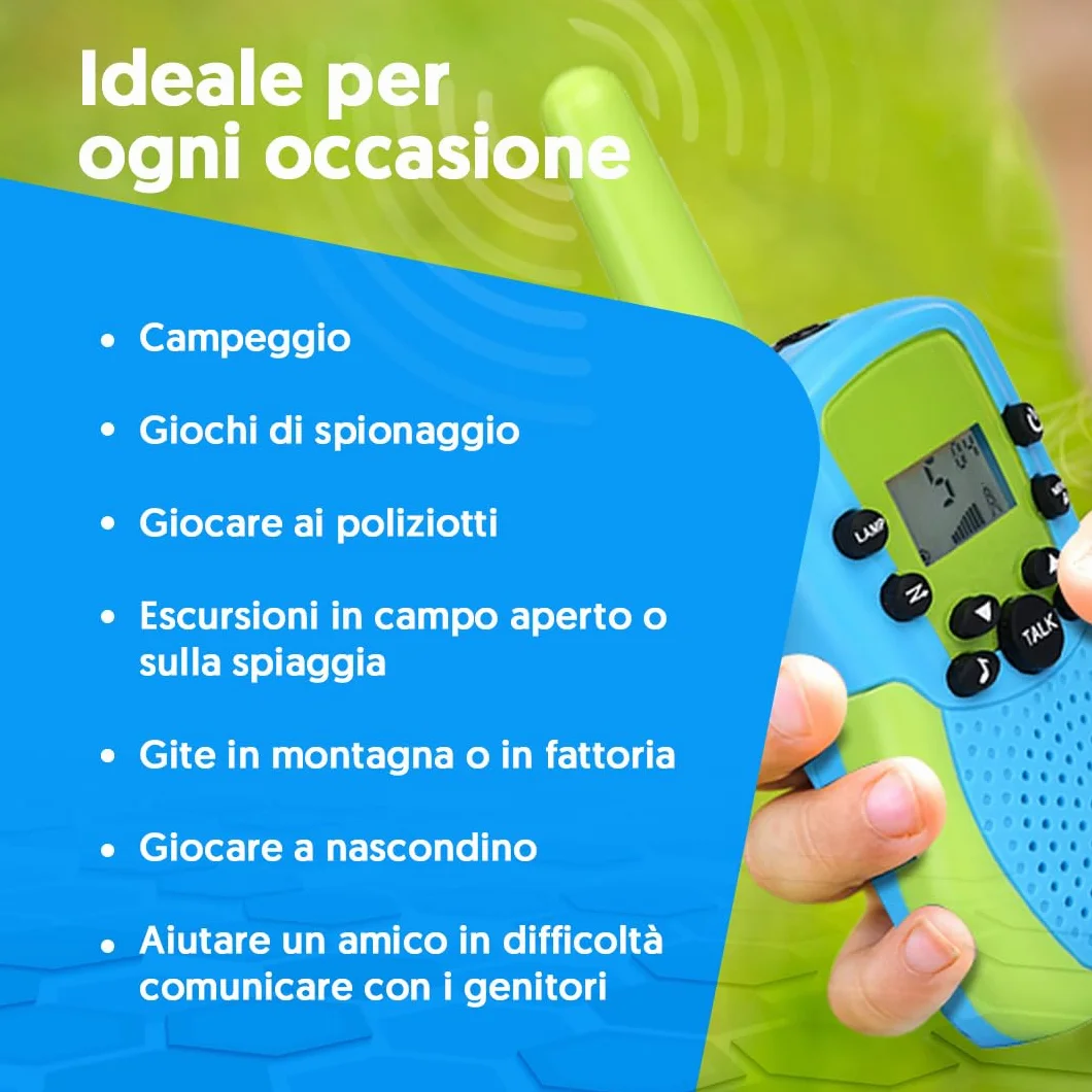NK Set di 3 Walkie-Talkie per Bambini di 4 5 6 7 8 9 Anni (Batterie Incluse) - Lunga Distanza 3km, Display LED, 22 Canali, Giocattolo per Bambini con Torcia, Regalo di Natale Compleanno (3 unità)