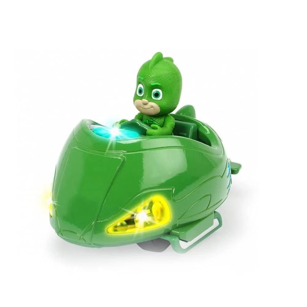 Dickie Toys PJ Masks Mission Racer Geco - Veicolo ruote libere, pressofuso, luci e suoni, riproduzione della sigla del cartone animato figura Geco, 12 cm, verde, con batterie