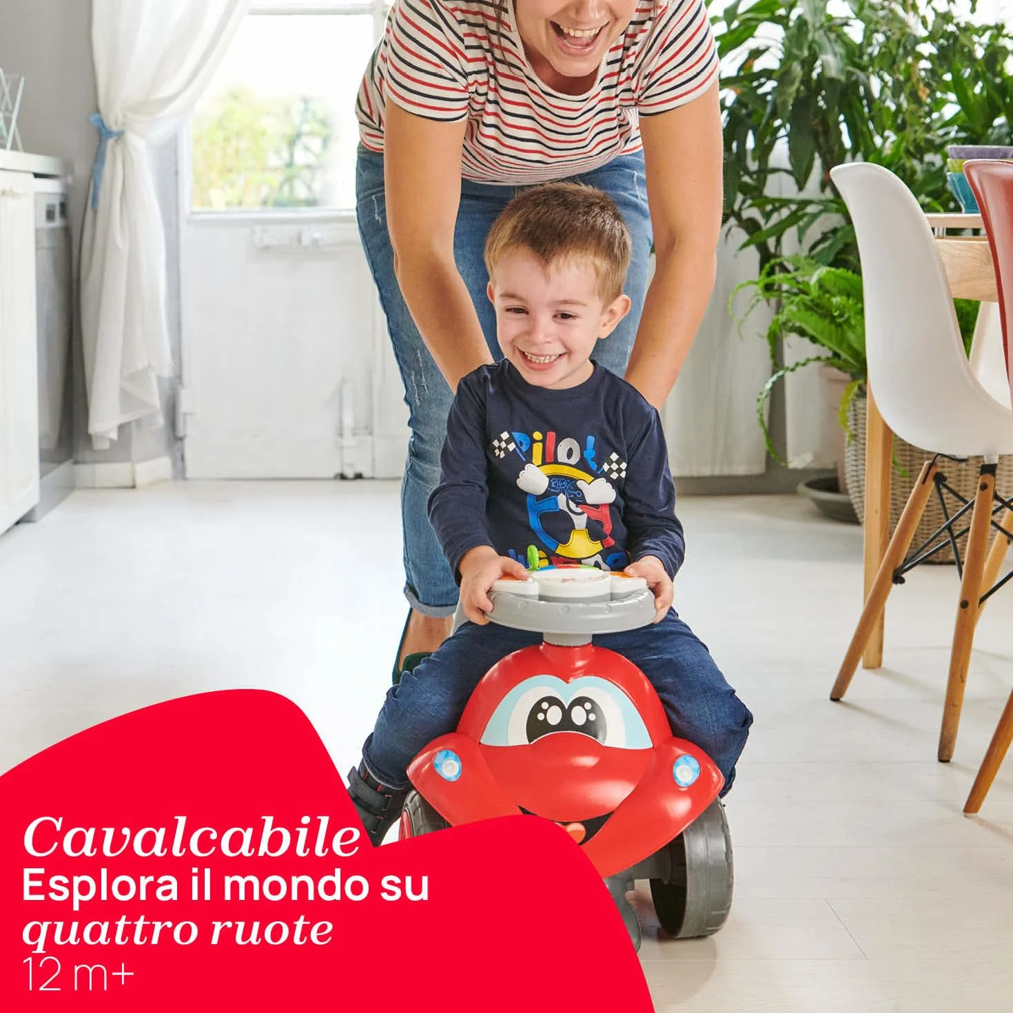 Chicco Billy Walk&Ride Eco+, Primi Passi, Girello e Cavalcabile, Assemblaggio Semplice, Manubrio Ergonomico, Ruote Larghe, Con Suoni e Luci di Guida, in Plastica Riciclata, Bambini 12-36 Mesi, Rosso