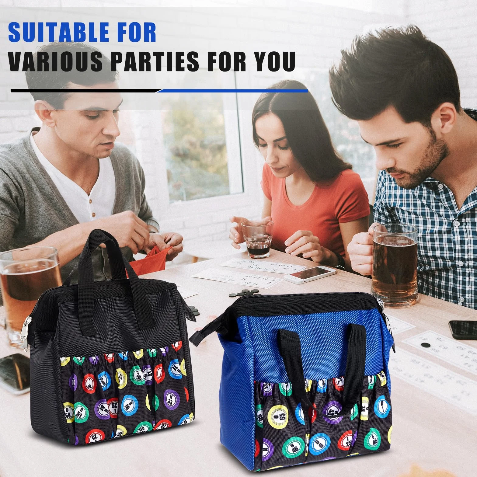 Sweetude Borsa da bingo Dauber con manico e cerniera, con 6 tasche esterne e 3 tasche interne, 2 pezzi, nero, blu., Large, Borsa casual