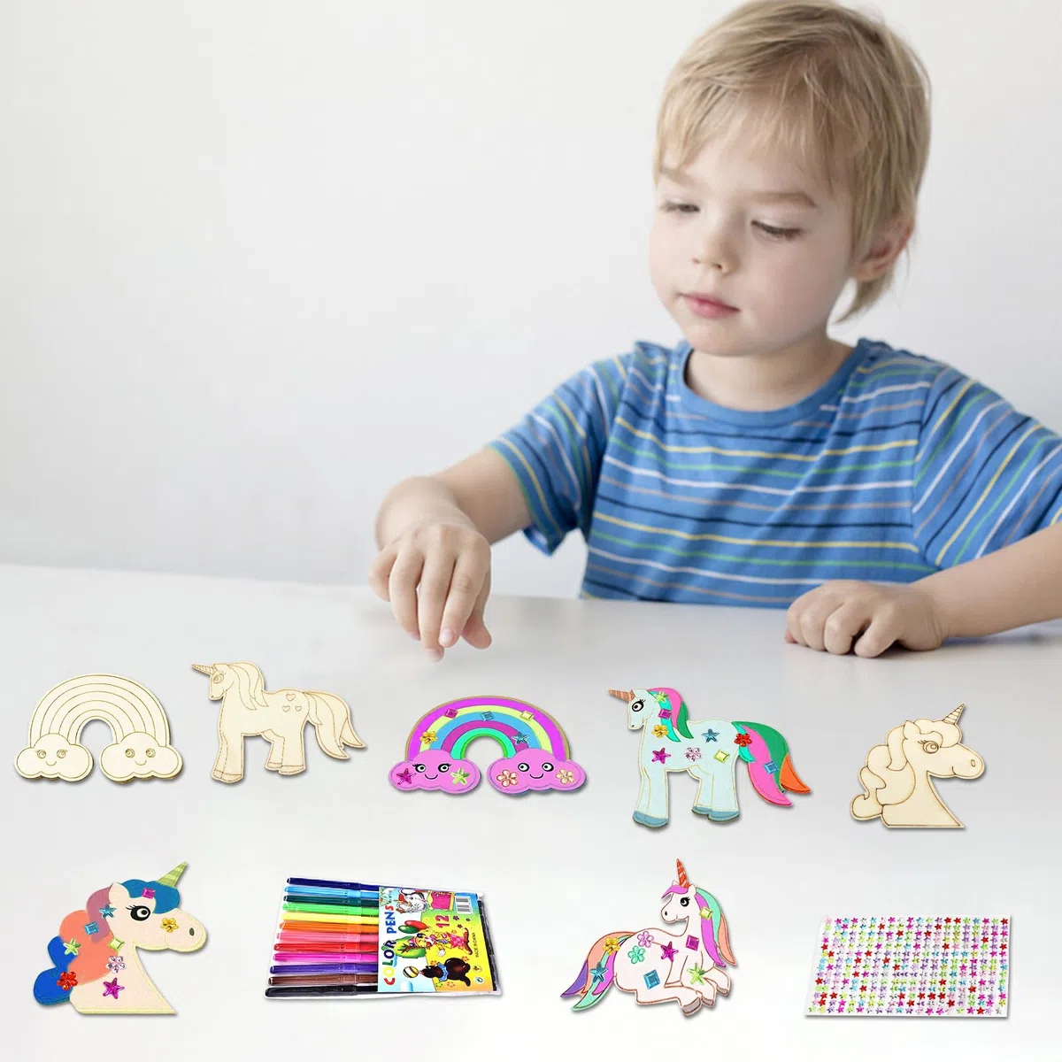 Qunkun Set fai da te in legno con unicorno, 55 pezzi, set fai da te creativo per bambini, set fai da te con matita ad acquerello e adesivi con pietre preziose