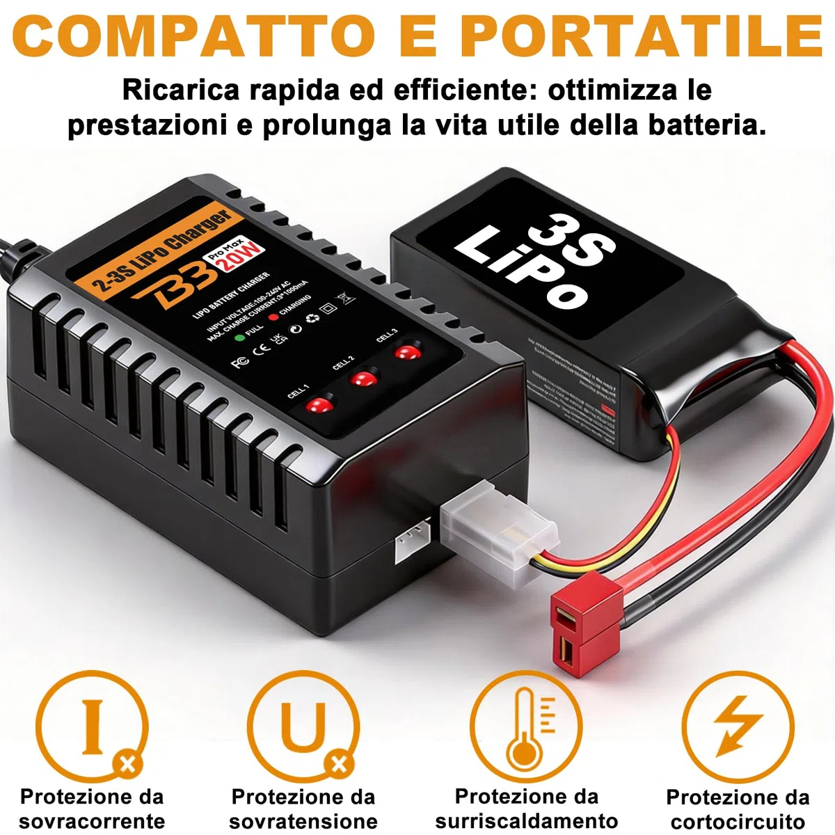 HTRC Caricabatterie Lipo Bilanciatore 2S-3S 20W, Caricabatteria Lipo per Batterie 7.4V e 11.1V, Caricabatterie RC con LED Indicatore, per Drone, Auto RC, Armi Airsoft, Barche RC, ecc