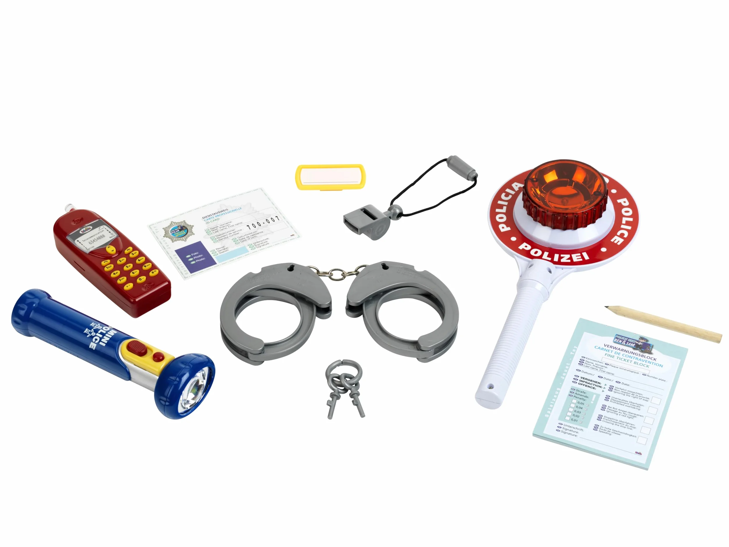 Theo Klein 8850 Set della polizia, Il set Police Unit Ben & Sam è composto da 10 pezzi, Include una torcia tascabile e una paletta della polizia con luce alimentati a batterie, Dimensioni della confezione: 40 cm x 32 cm x 4,5, Giocattolo per bambini a par