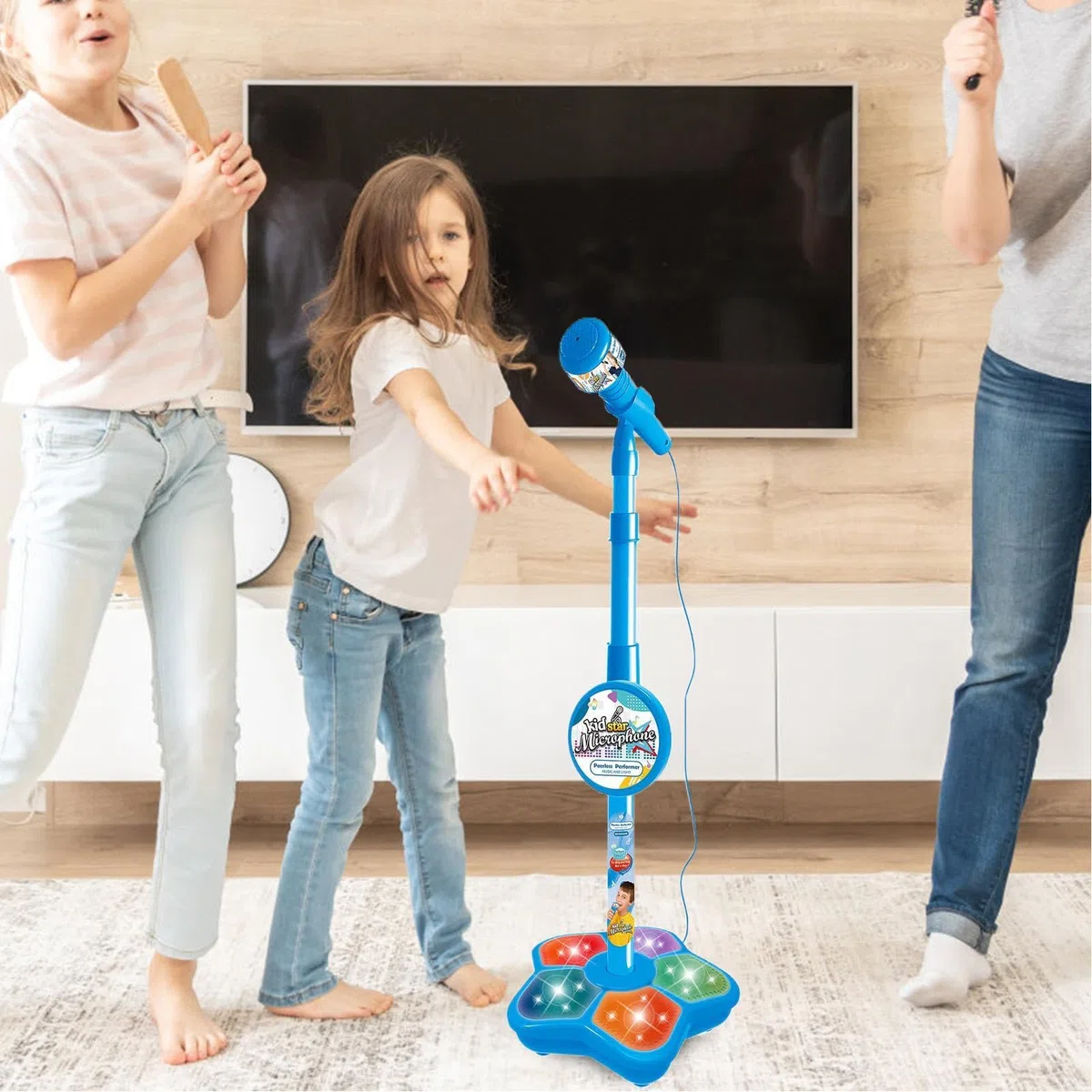 Microfono per bambini, per karaoke per bambini, set da gioco per karaoke, da palcoscenico, con altezza regolabile, set di giochi di canto per bambini robusti e durevoli con luce come regalo di