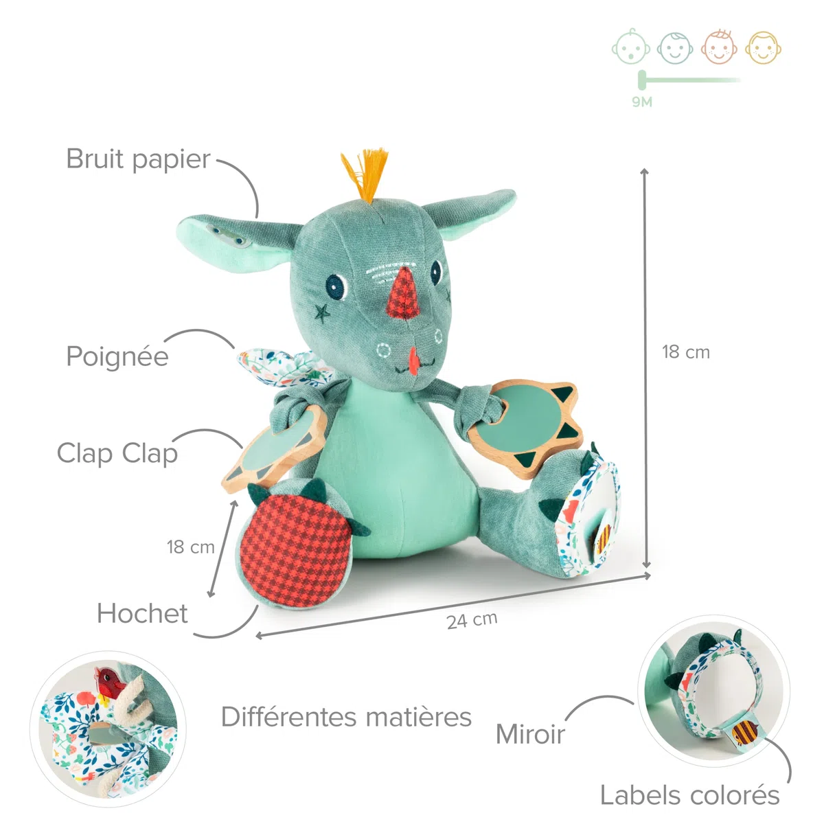 LILLIPUTIENS - Sonaglio attività Joe Il Drago - Peluche interattiva per Neonati con Specchio, sonaglio e Carta Frusciante - Stimola i Sensi, la motricità e l’immaginazione - Giocattolo educativo