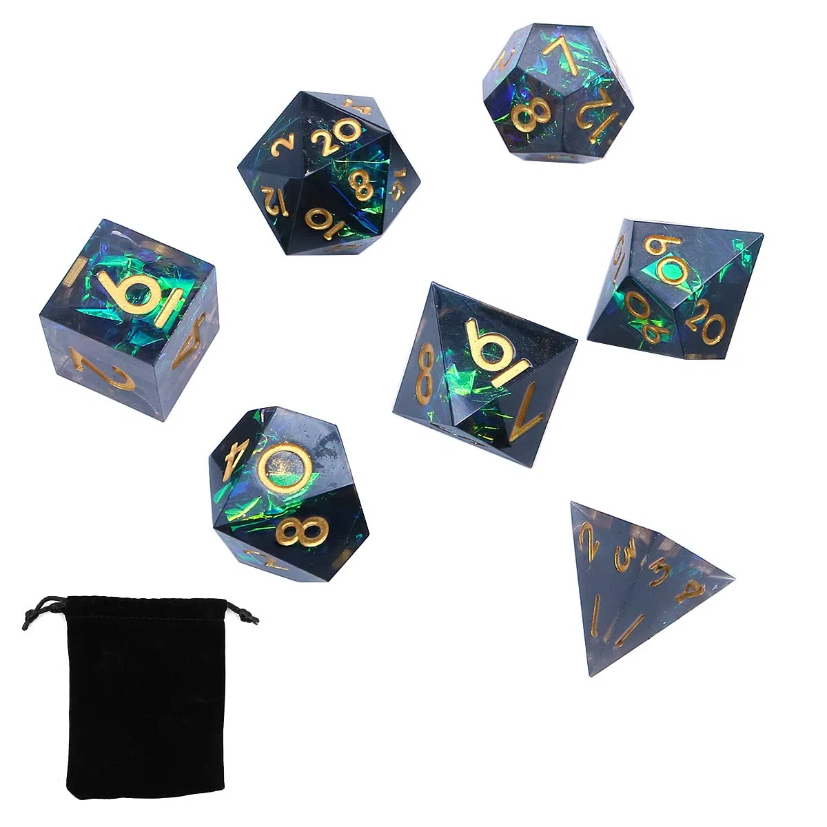 DollaTek Set di Dadi DND Trasparenti in Resina di Lusso - Poliedrici Rpg D4 D6 D8 D10 D12 D20 - Nero e Verde