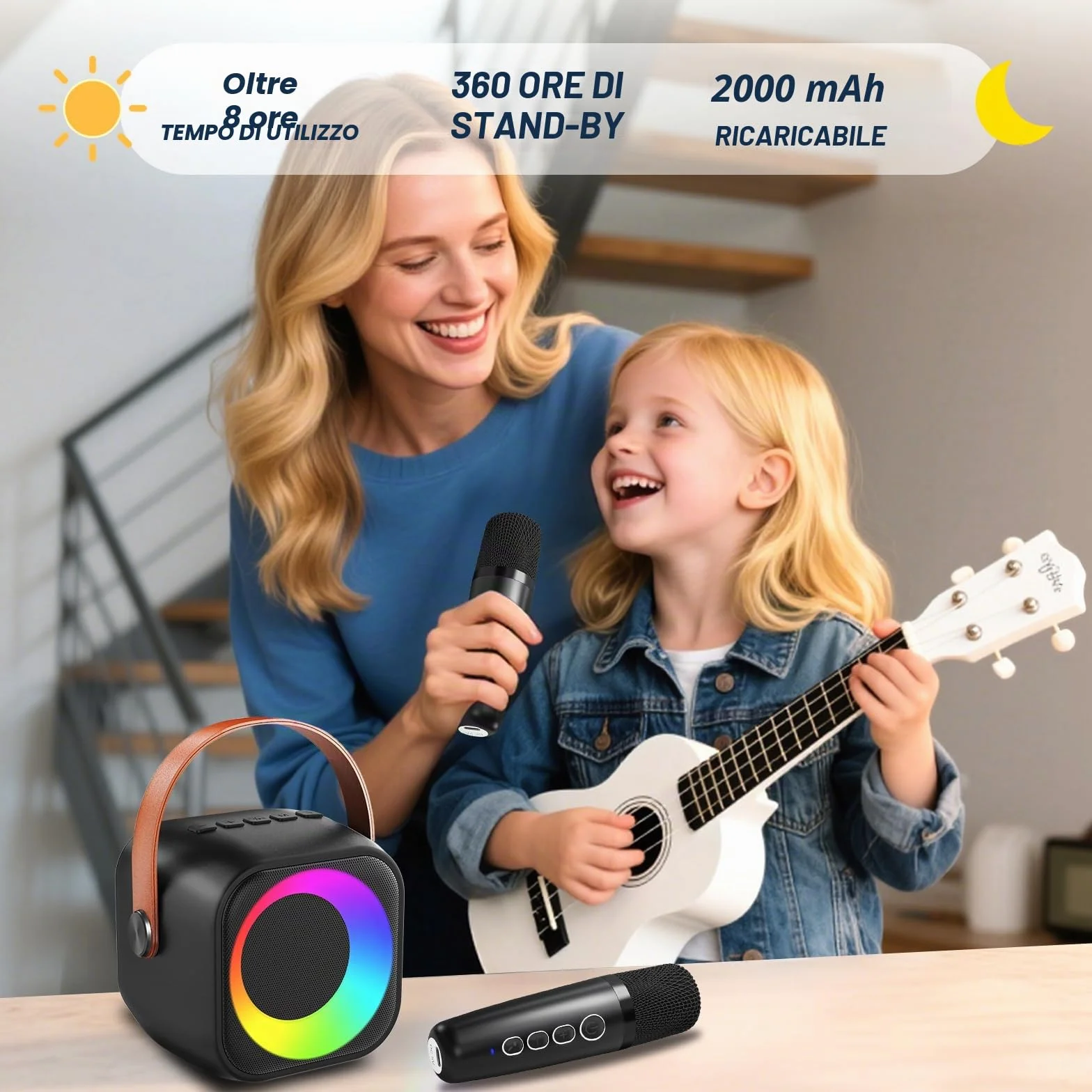 Karaoke Bambini con 2 Microfoni, Microfono Karaoke per Bambini e Adulti con Luce LED, Macchina Karaoke Portatile con Effetti di Cambio Voce, Regali per bambini da 3 a 12 anni