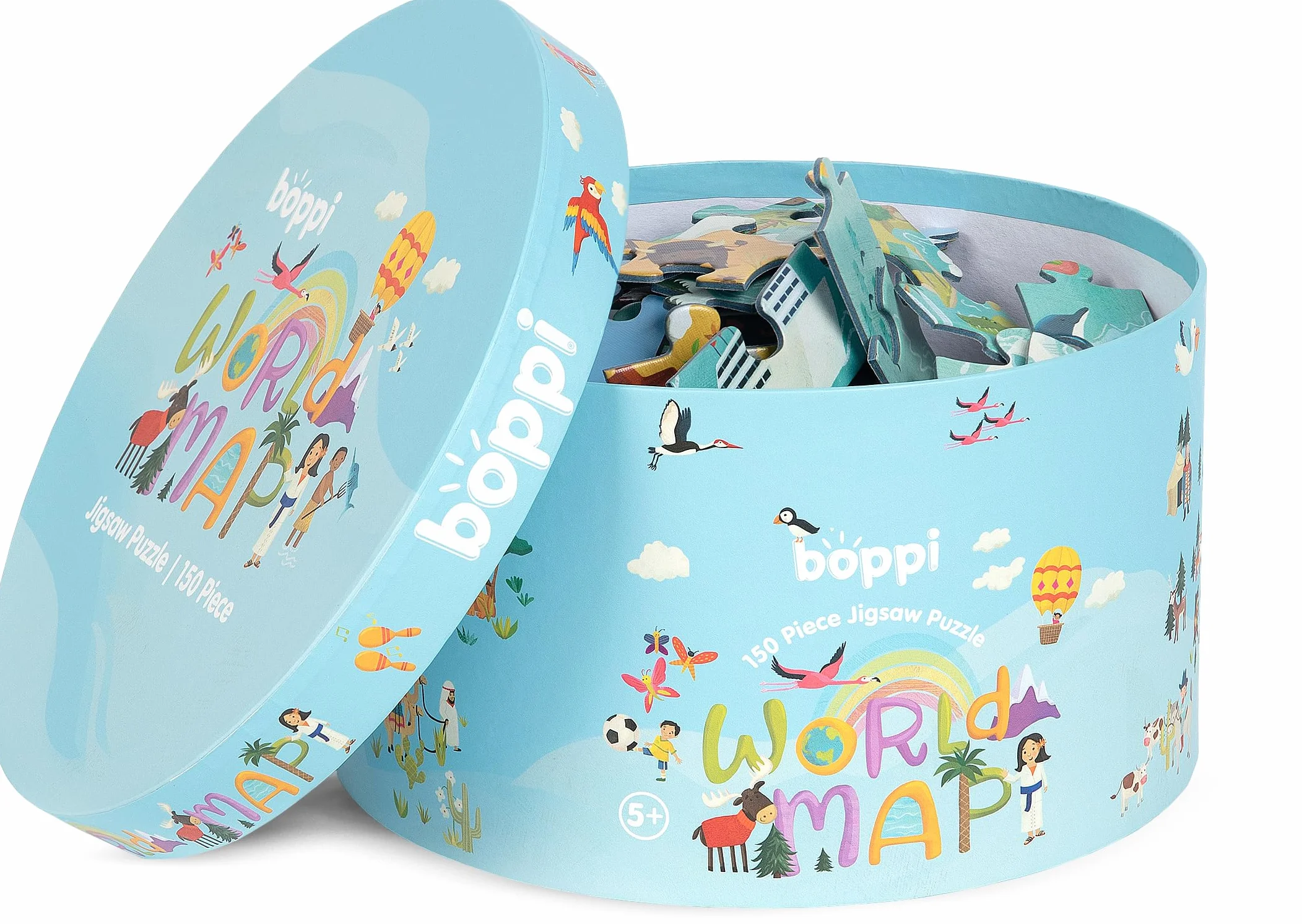 Boppi Mondo Puzzle Con Animali - 150 Pezzi Per Bambini da 5 a 8 Anni - Giochi Da Tavolo Con Porta Puzzle Rotondo - Diametro 58cm Ecofriendly