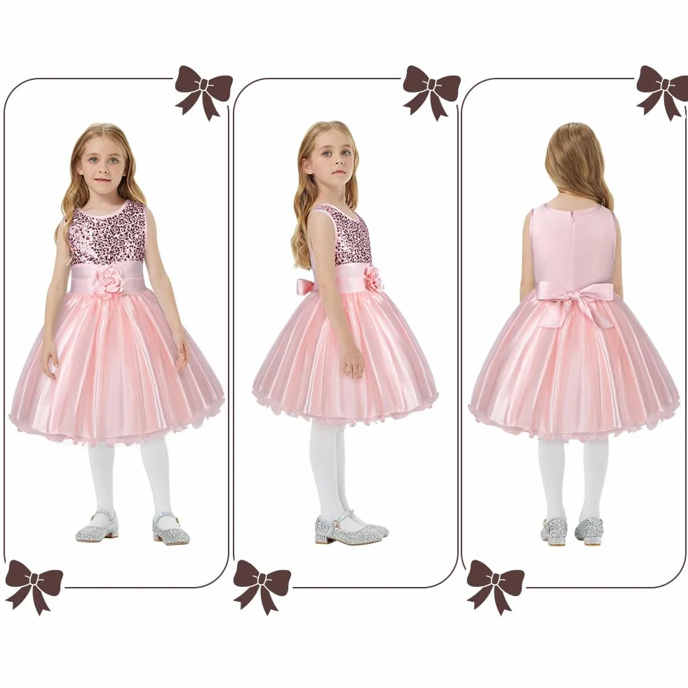 Aomig Vestito Principessa Bambina - Costume Con Fiori e Paillettes per Festa, Matrimonio - Abito da Ballo in Tulle-110