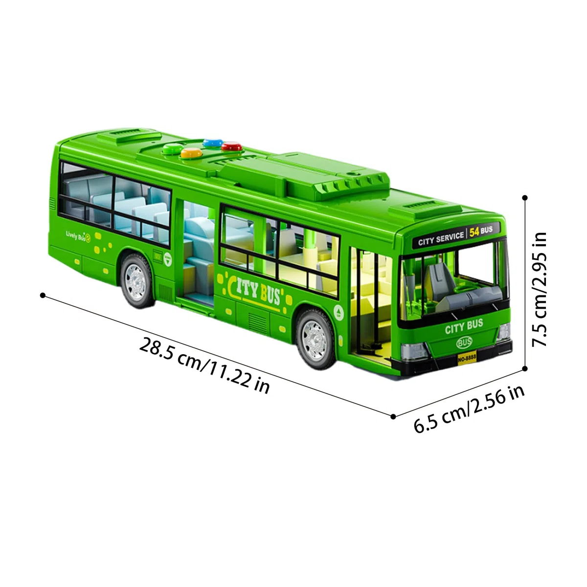 Autobus urbano elettrico, veicolo giocattolo di grandi dimensioni, modello a batteria da 12 pollici con musicali, materiale acrilico robusto, accessorio per bambini con design di porte apribili,